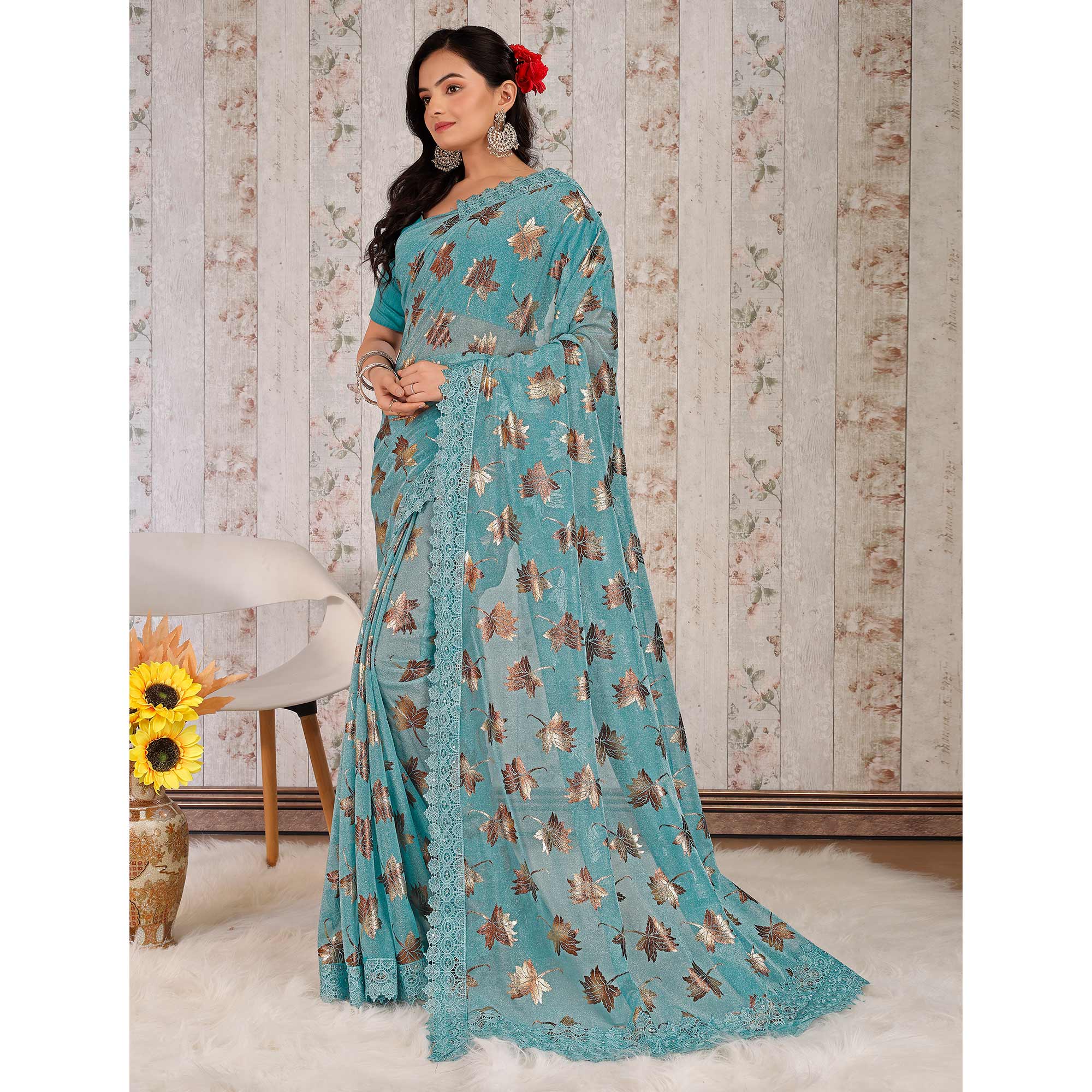 Blue Foil Printed Lycra Saree With Embroidered Lace Border