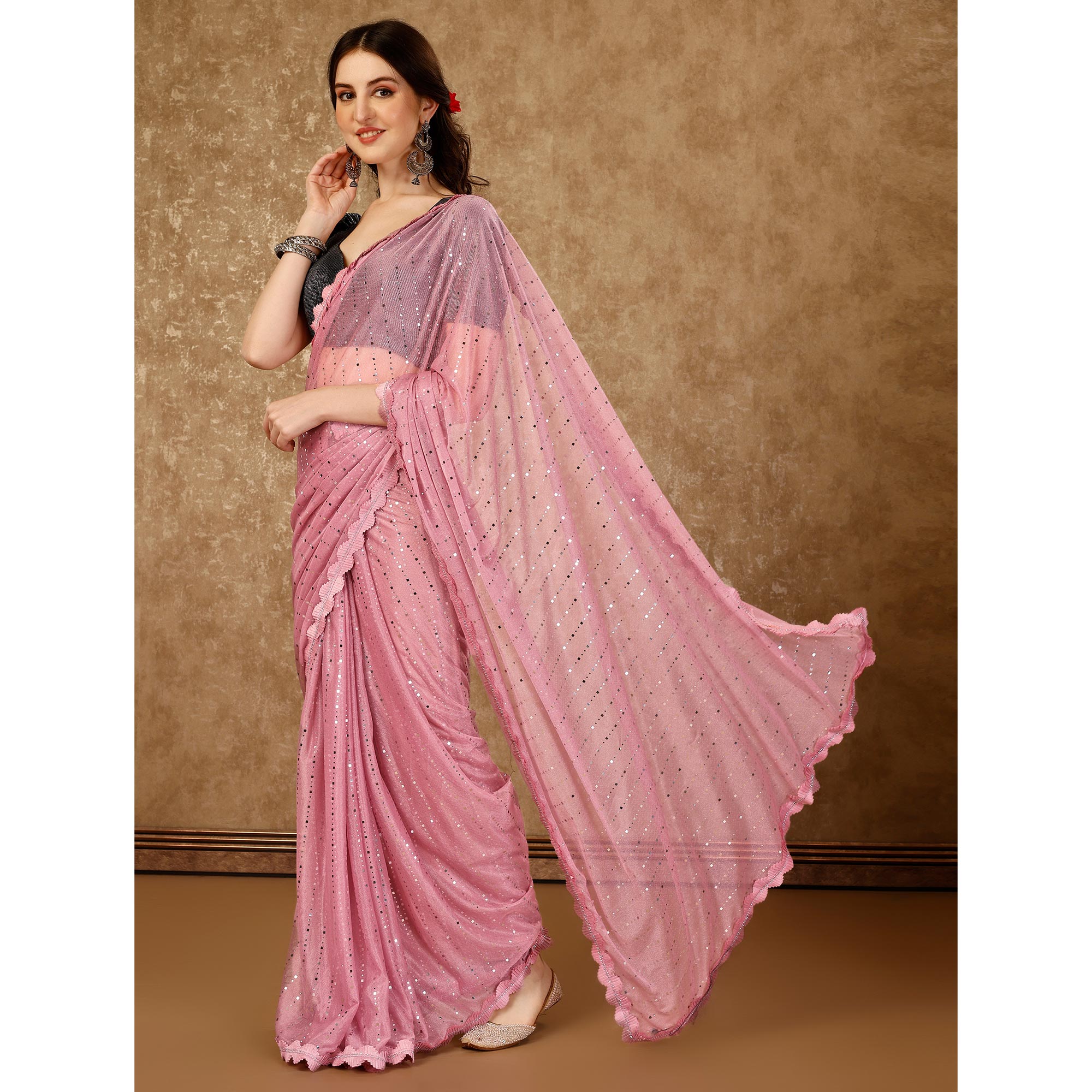 Light Pink Tikali With Swarovski Work Lycra Ready To Wear Saree