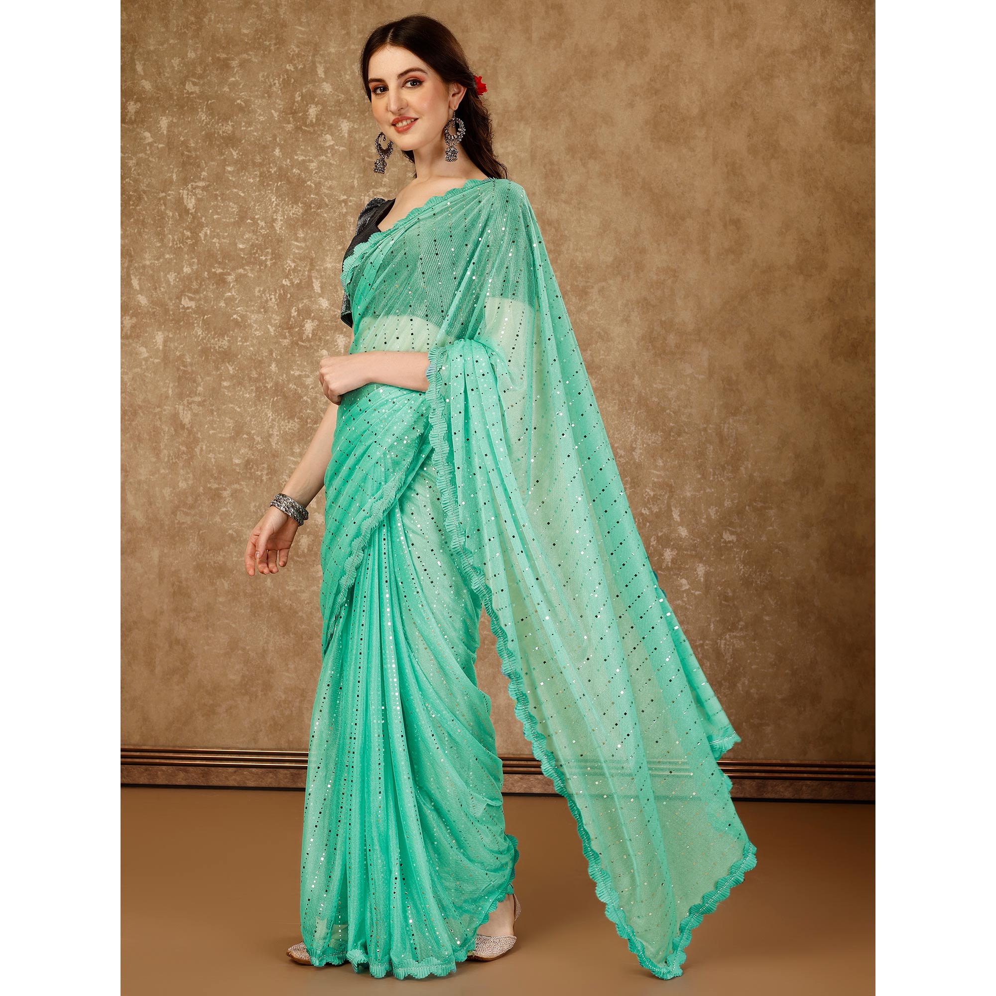 Sea Green Tikali With Swarovski Work Lycra Ready To Wear Saree