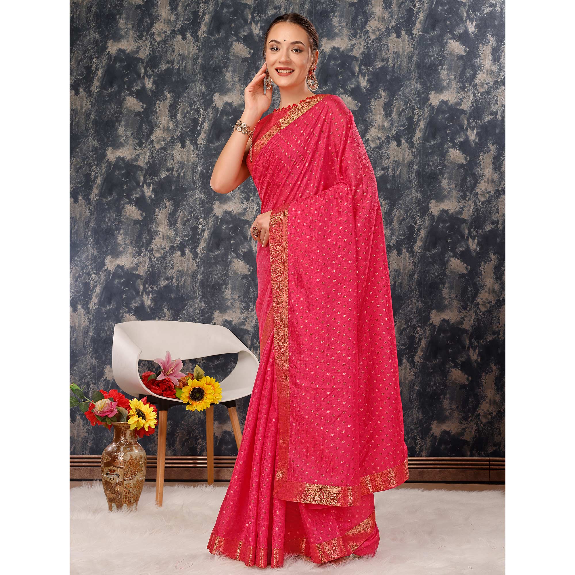 Pink Floral Foil Printed Vichitra Silk Saree With Lace Border