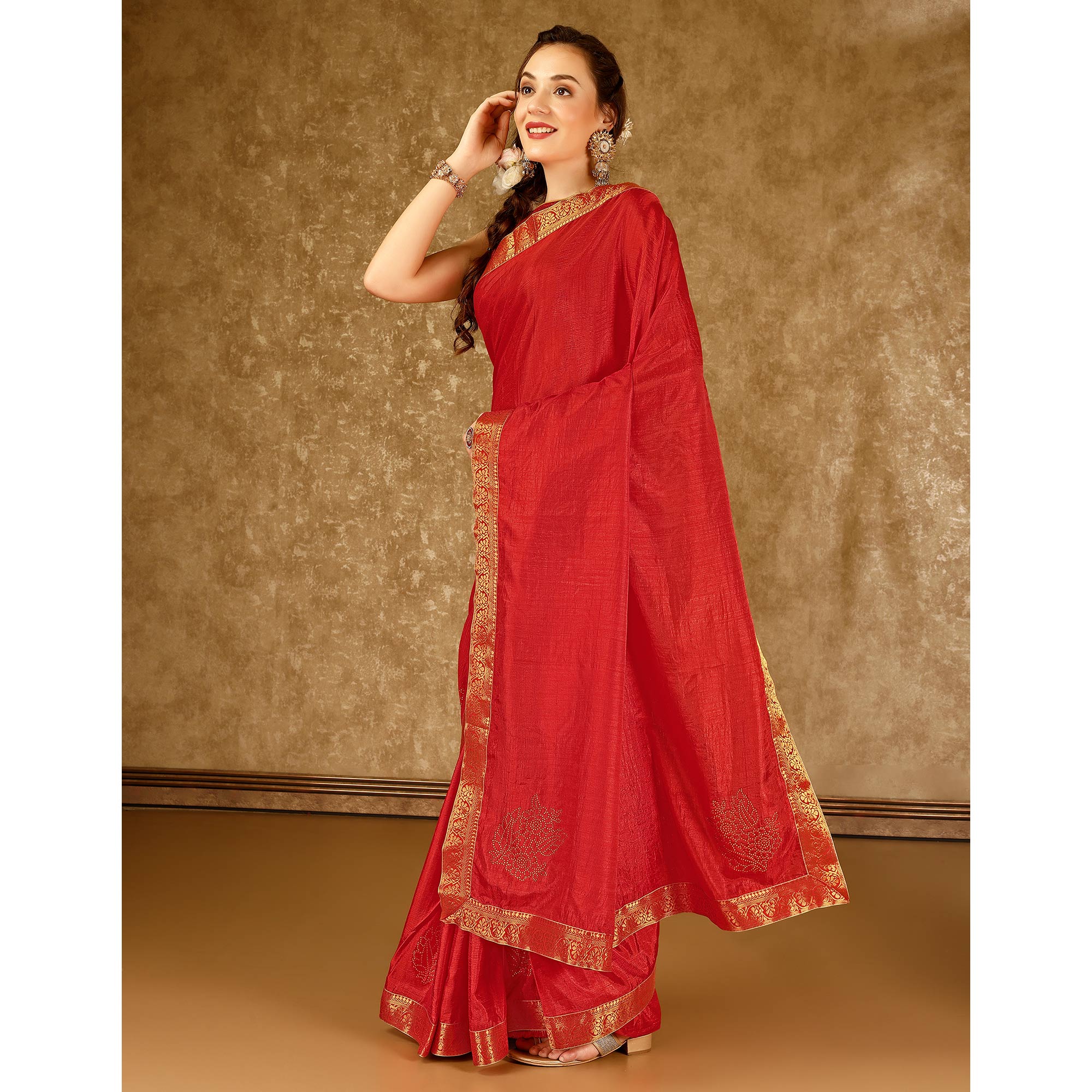 Red Floral Swarovski Work Vichitra Silk Saree With Lace Border