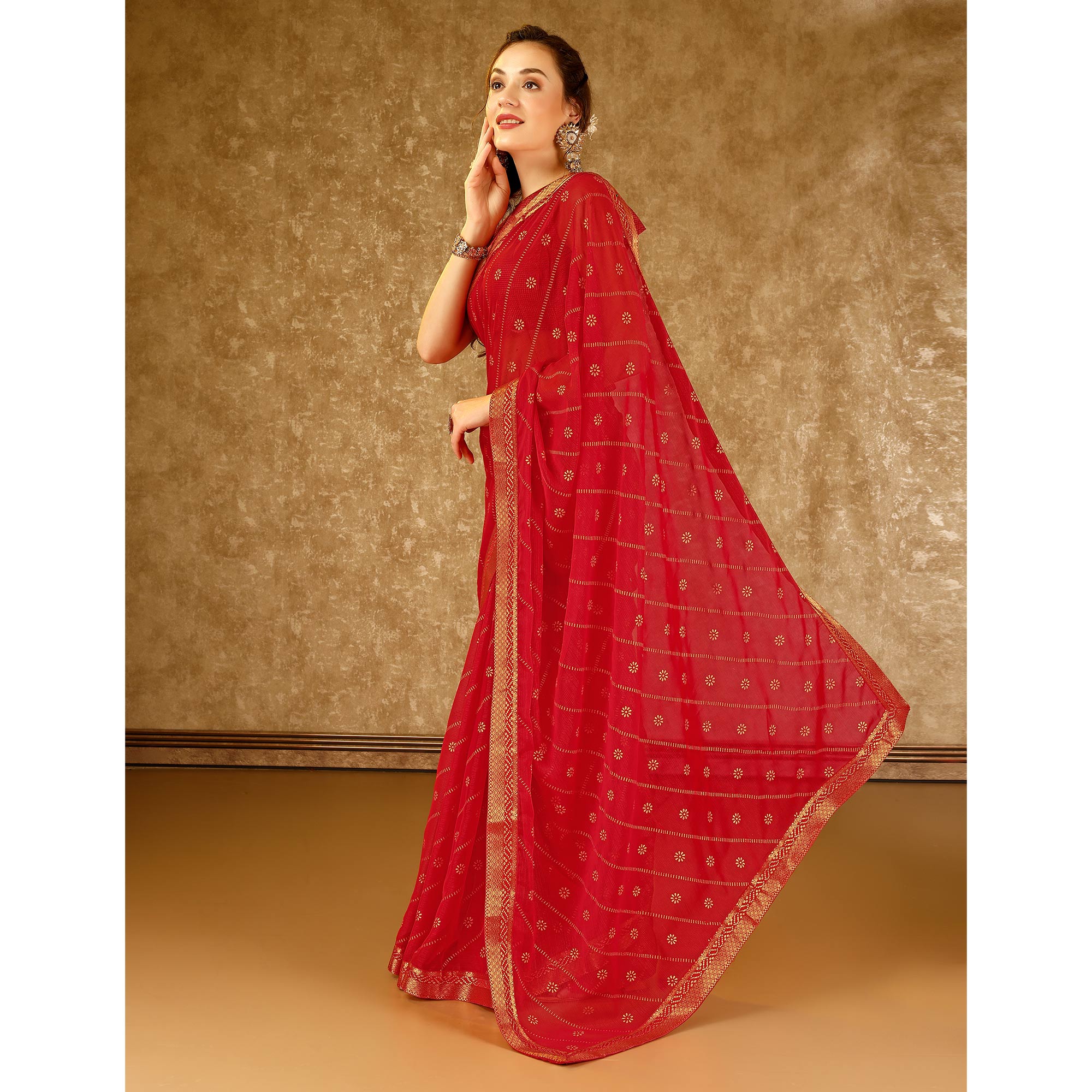 Red Floral Foil Printed Chiffon Saree With Lace Border