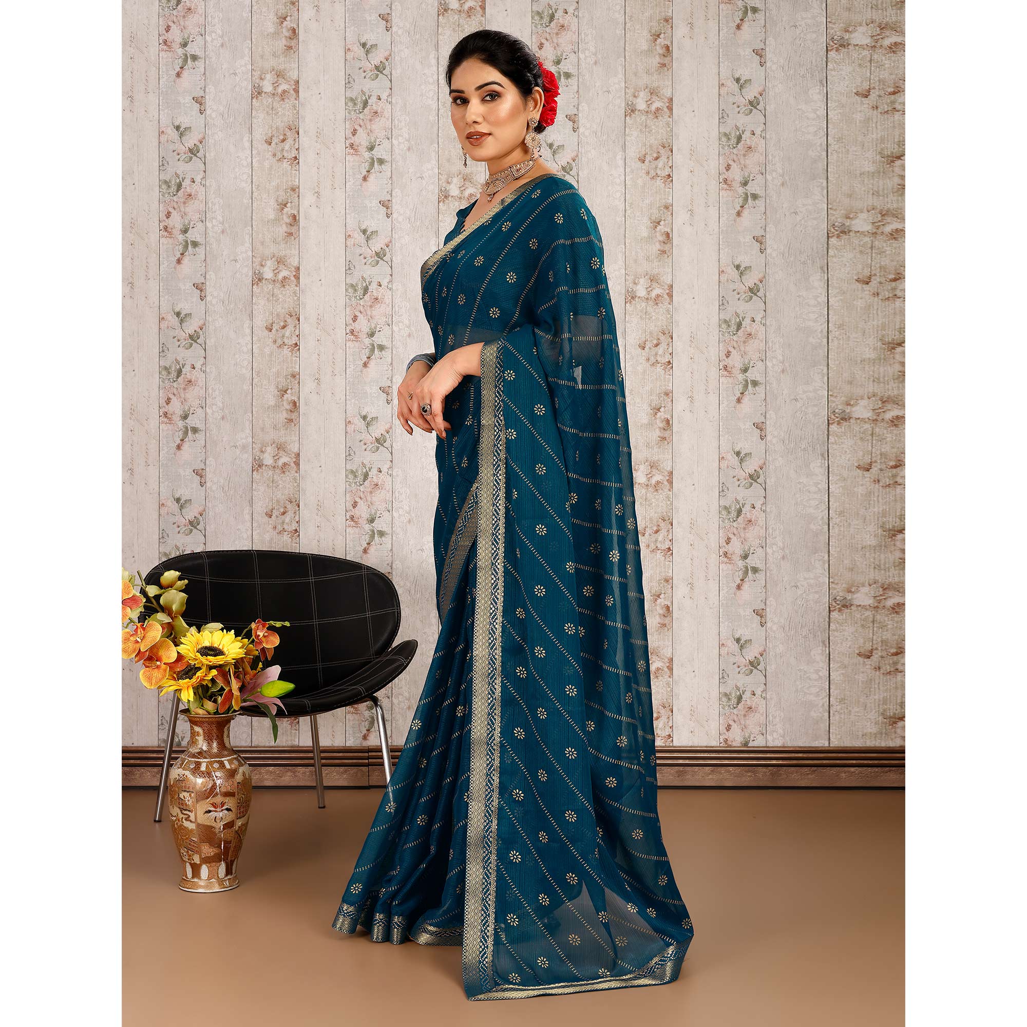 Blue Floral Foil Printed Chiffon Saree With Lace Border