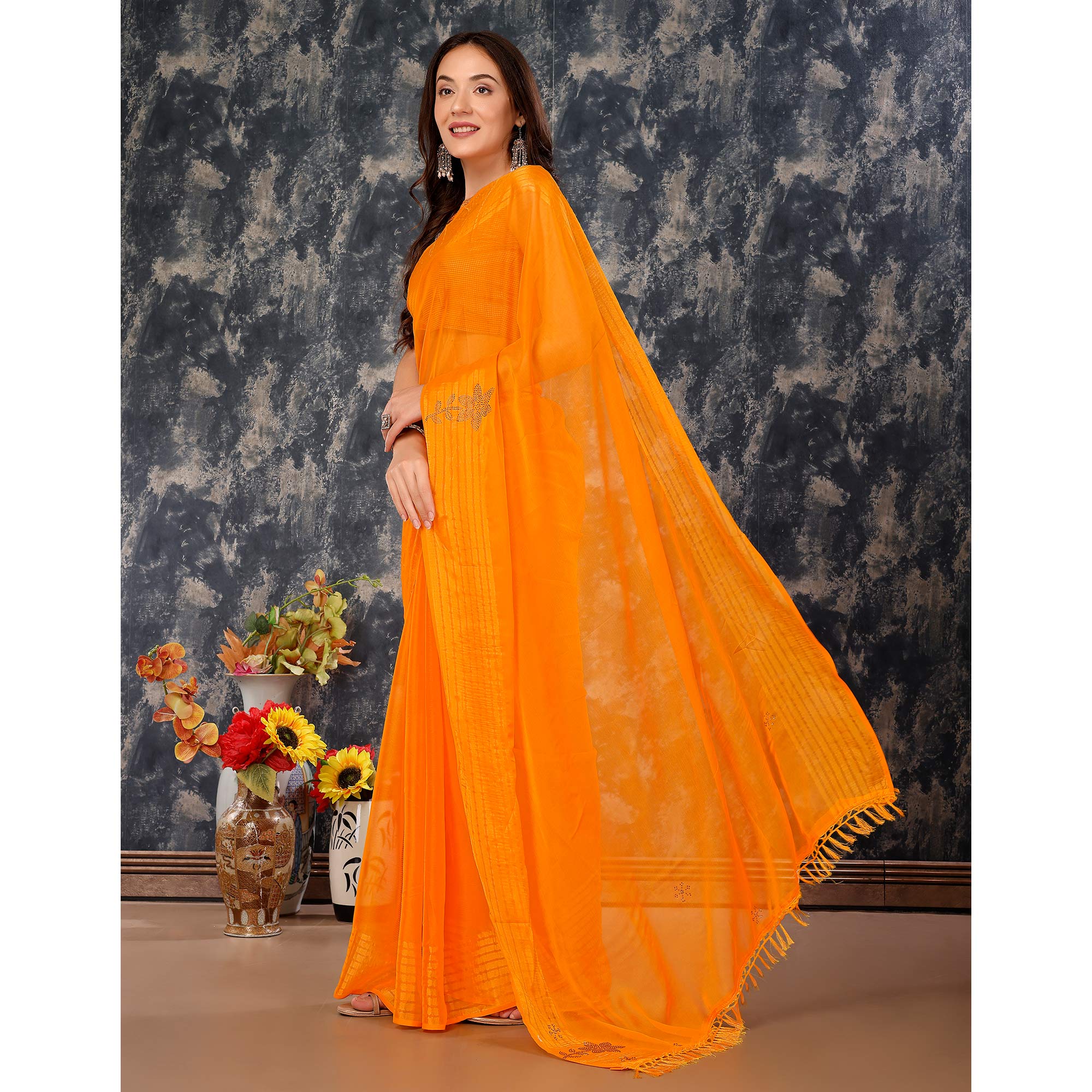 Orange Swarovski Work Chiffon Saree With Woven Border