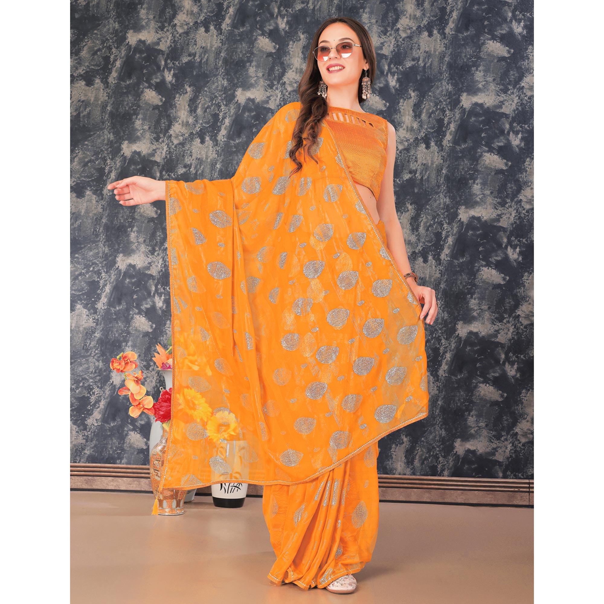 Mustard Foil Printed Chiffon Saree With Gota Patti Lace Border