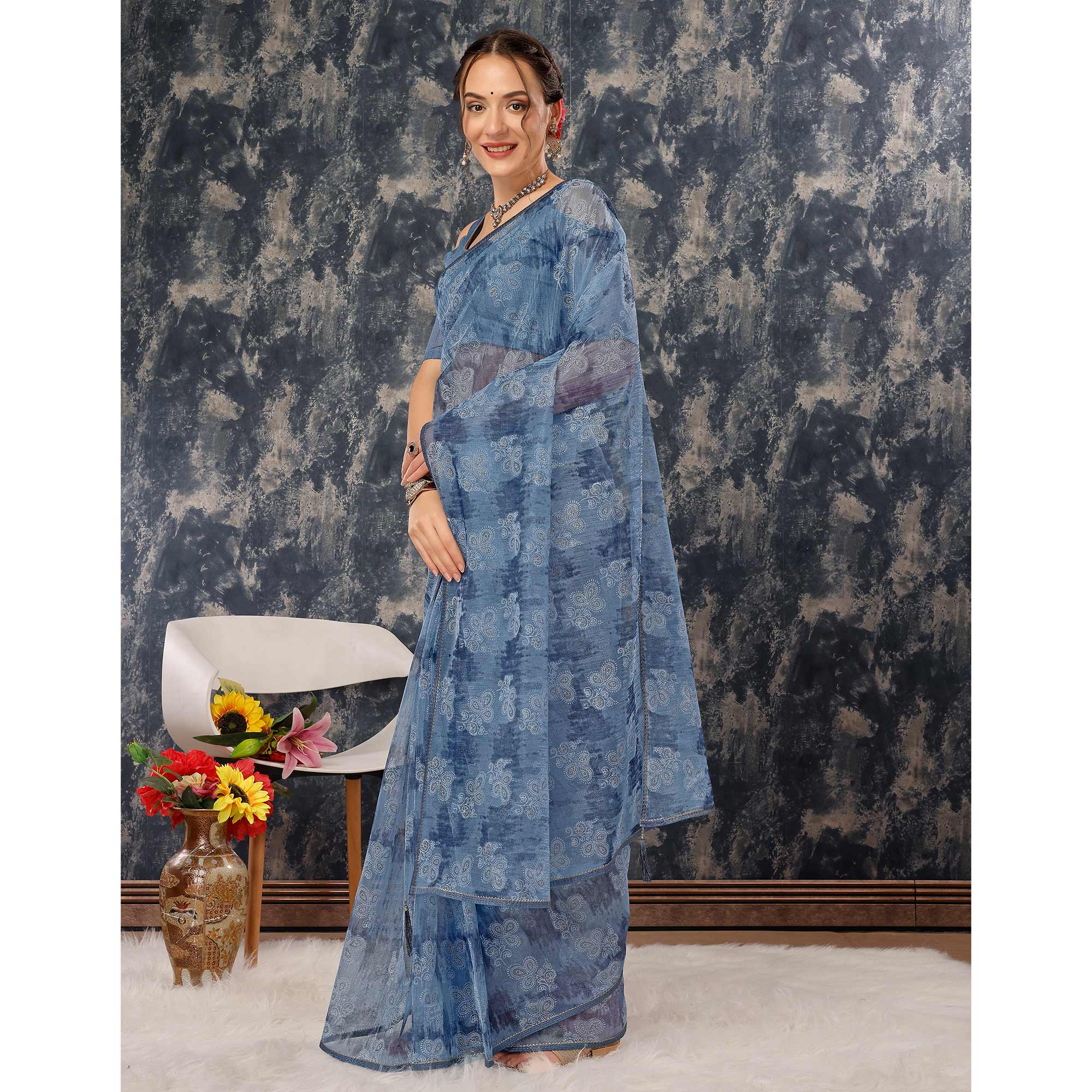 Blue Floral Printed With Zari Work Cotton Silk Saree