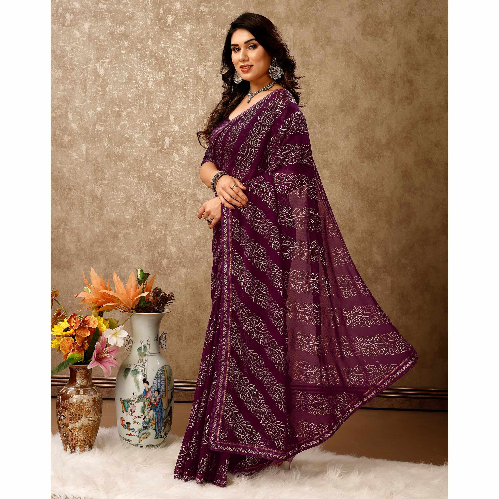 Purple Bandhani Foil Printed Chiffon Saree With Lace Border