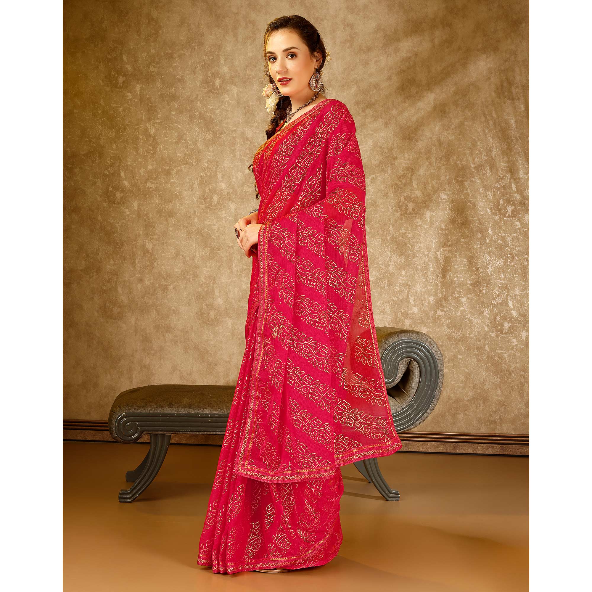 Pink Bandhani Foil Printed Chiffon Saree With Lace Border