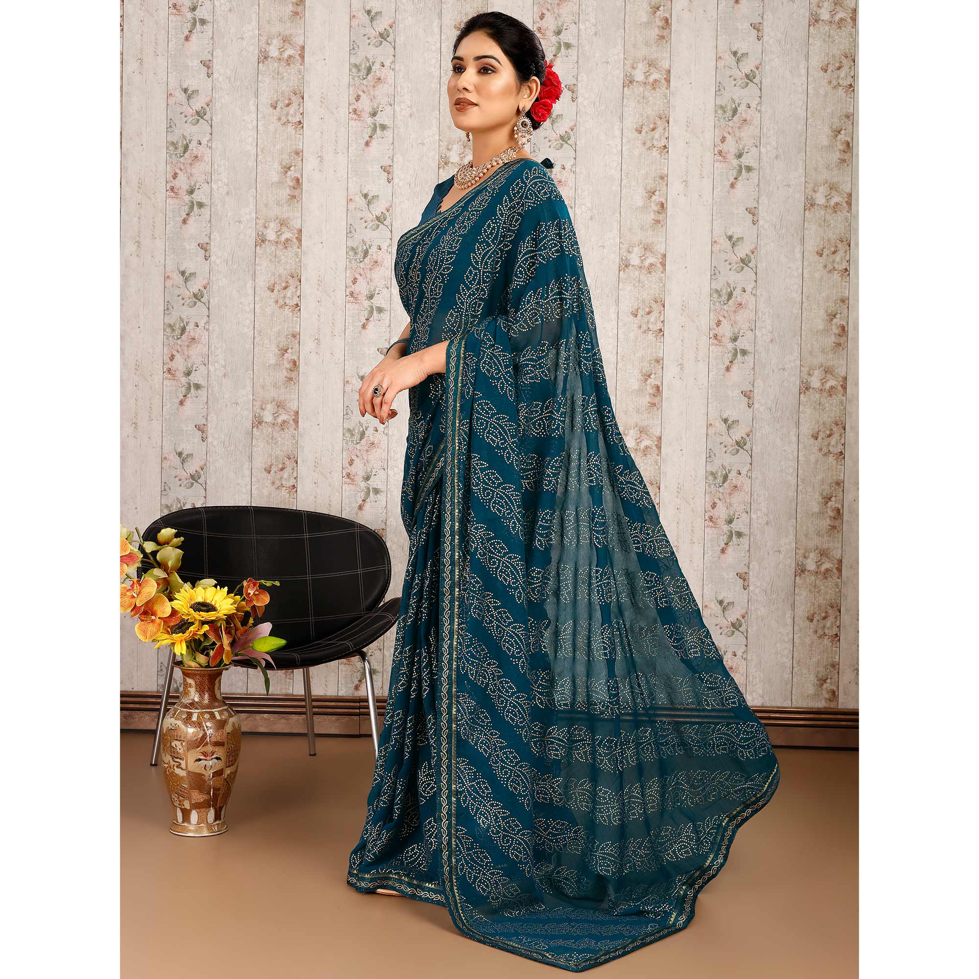 Blue Bandhani Foil Printed Chiffon Saree With Lace Border