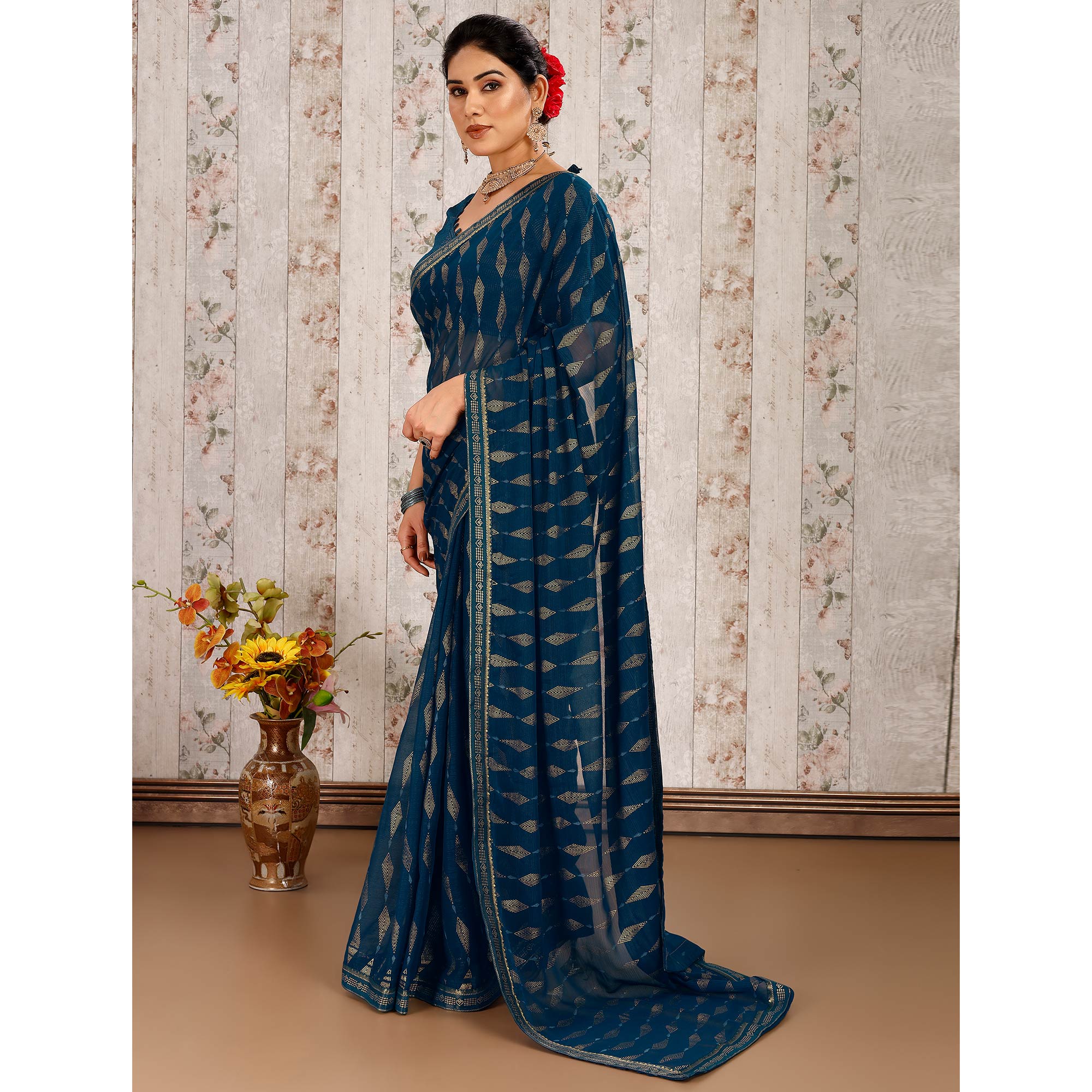 Blue Foil Printed Chiffon Saree With Lace Border