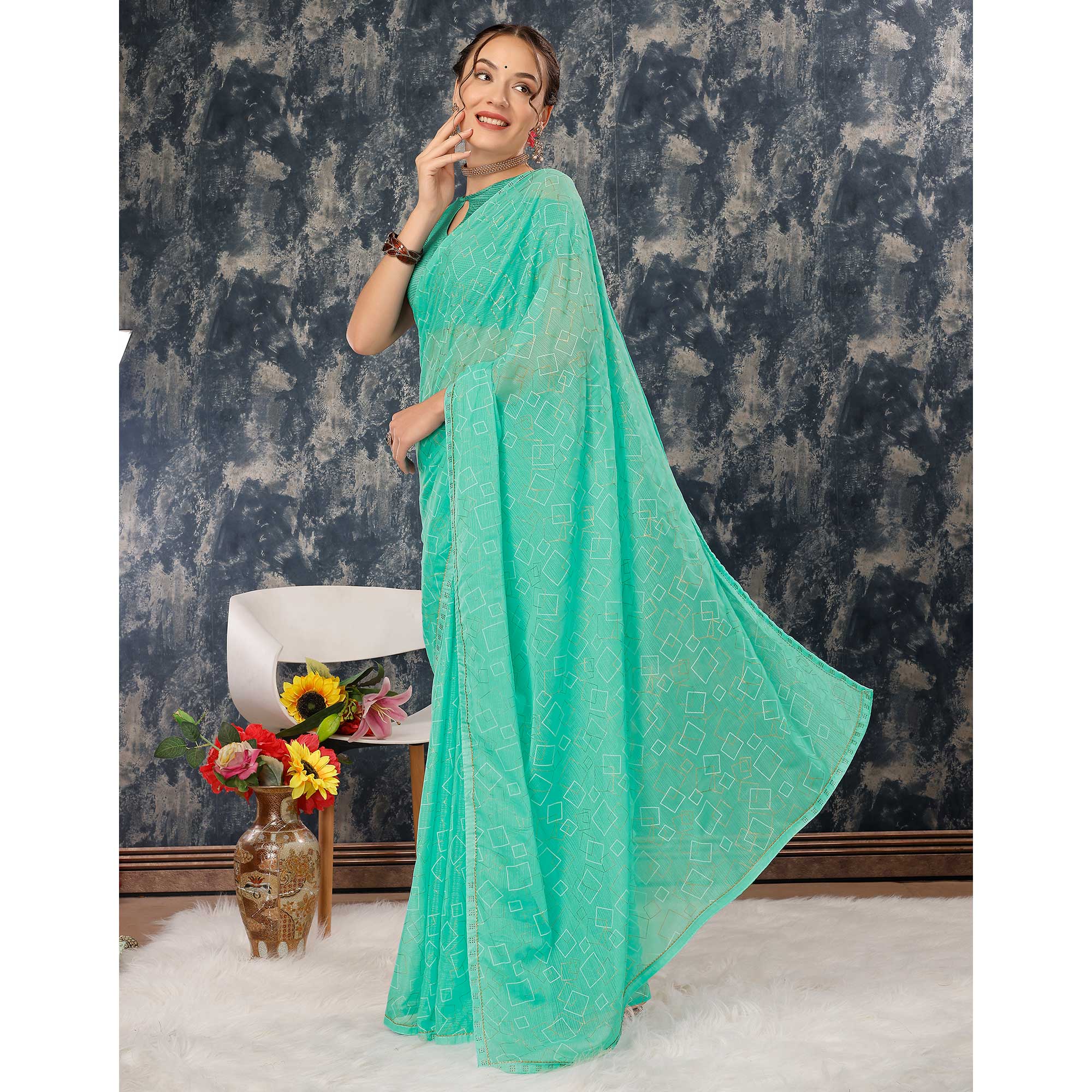 Sea Green Printed With Zari Work Chiffon Saree With Lace Border