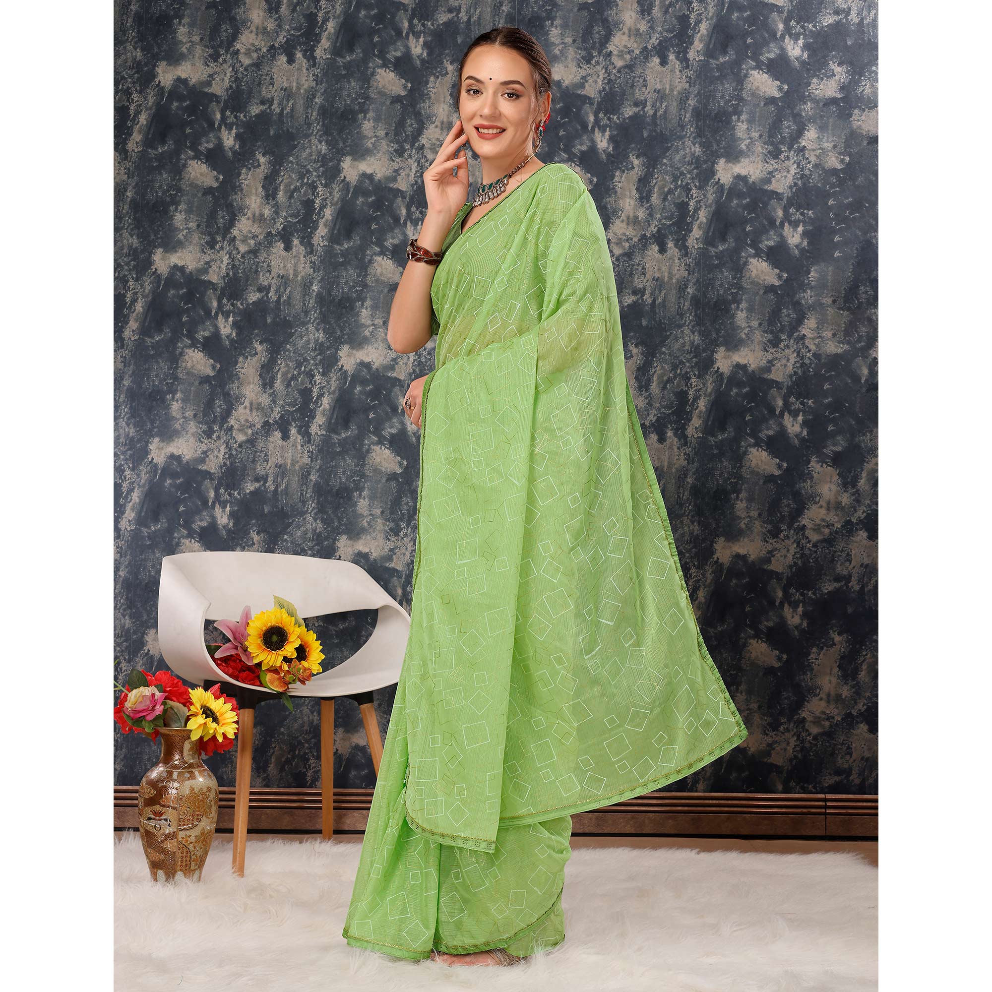 Green Printed With Zari Work Chiffon Saree With Lace Border