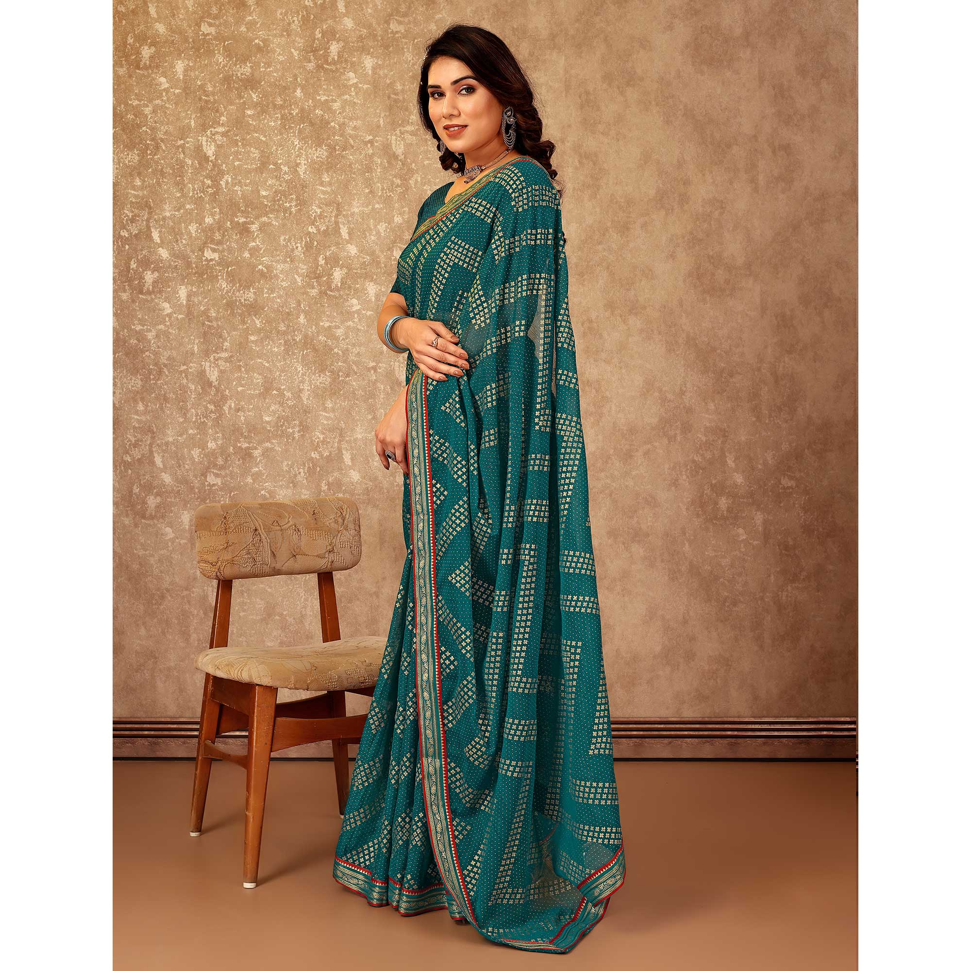 Teal Foil Printed Chiffon Saree With Lace Border