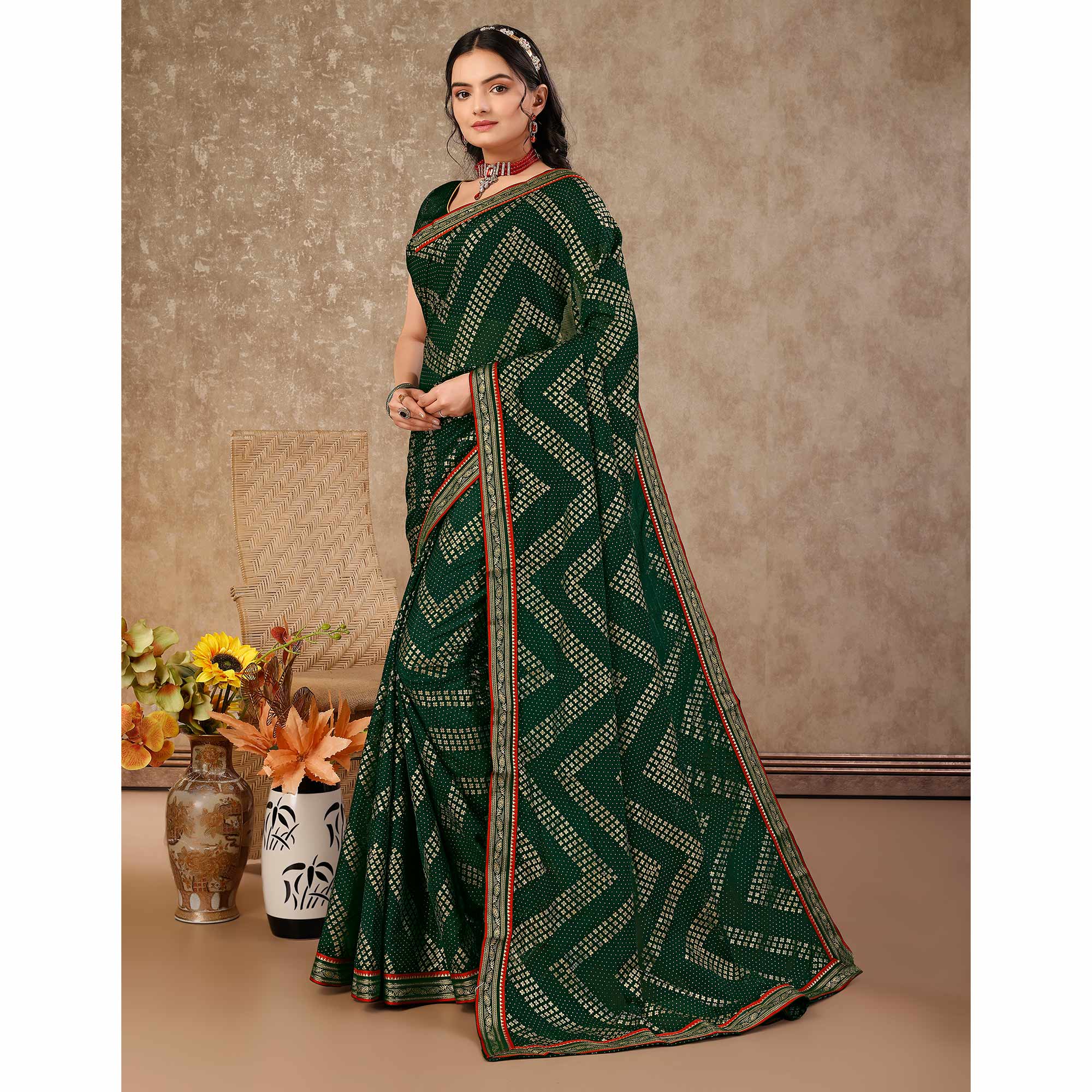Green Foil Printed Chiffon Saree With Lace Border