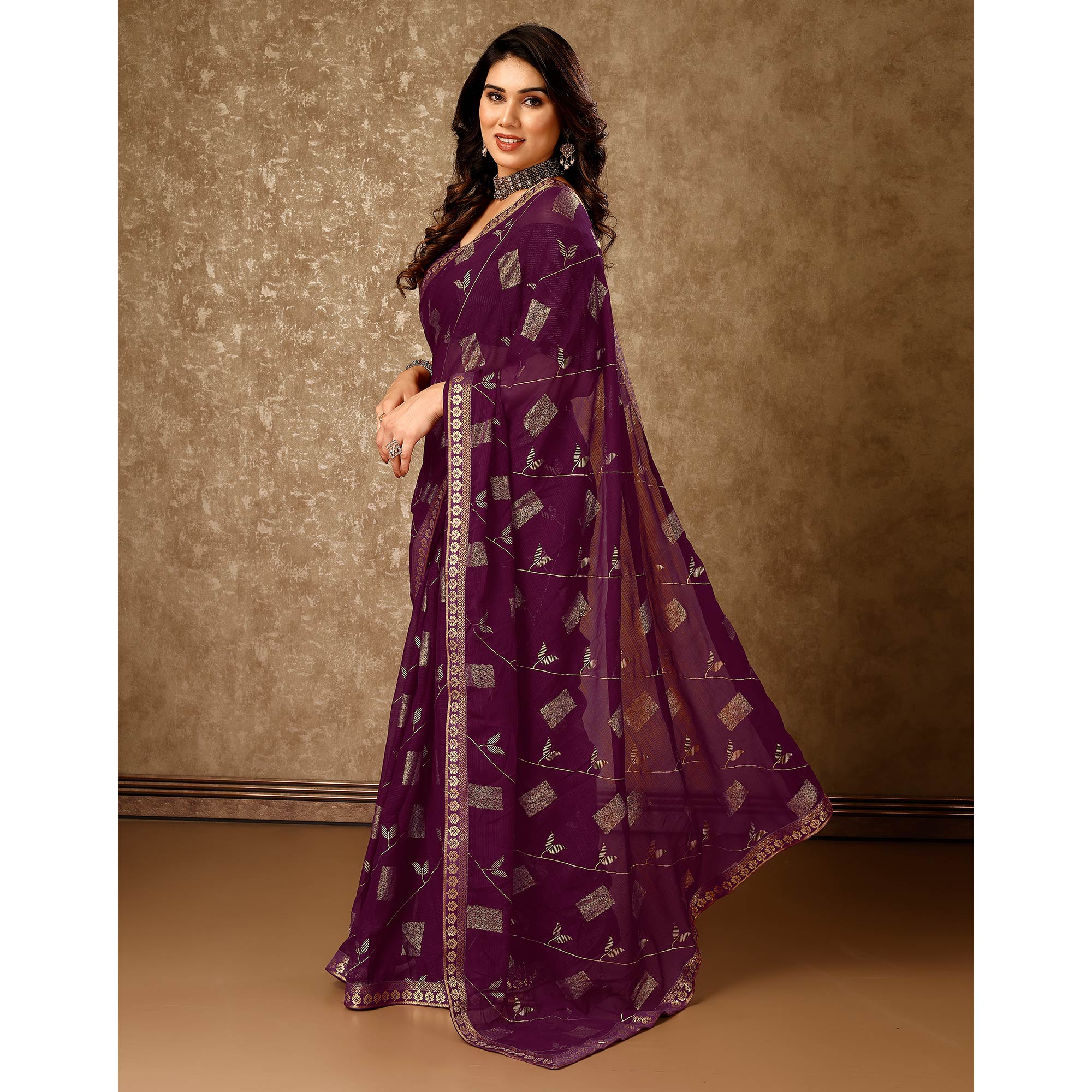 Purple Floral Foil Printed Chiffon Saree With Lace Border