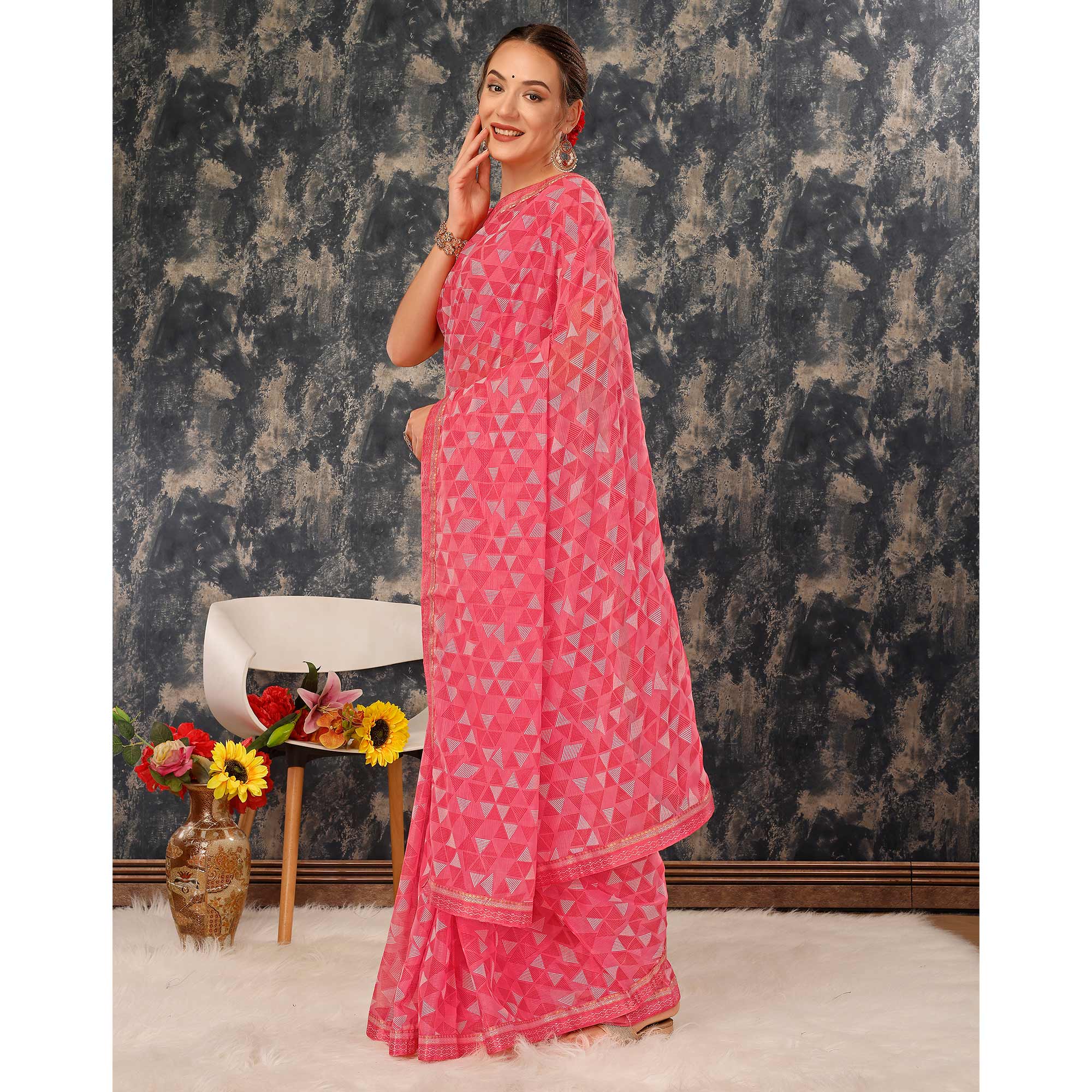 Pink Geometric Printed Chiffon Saree With Lace Border
