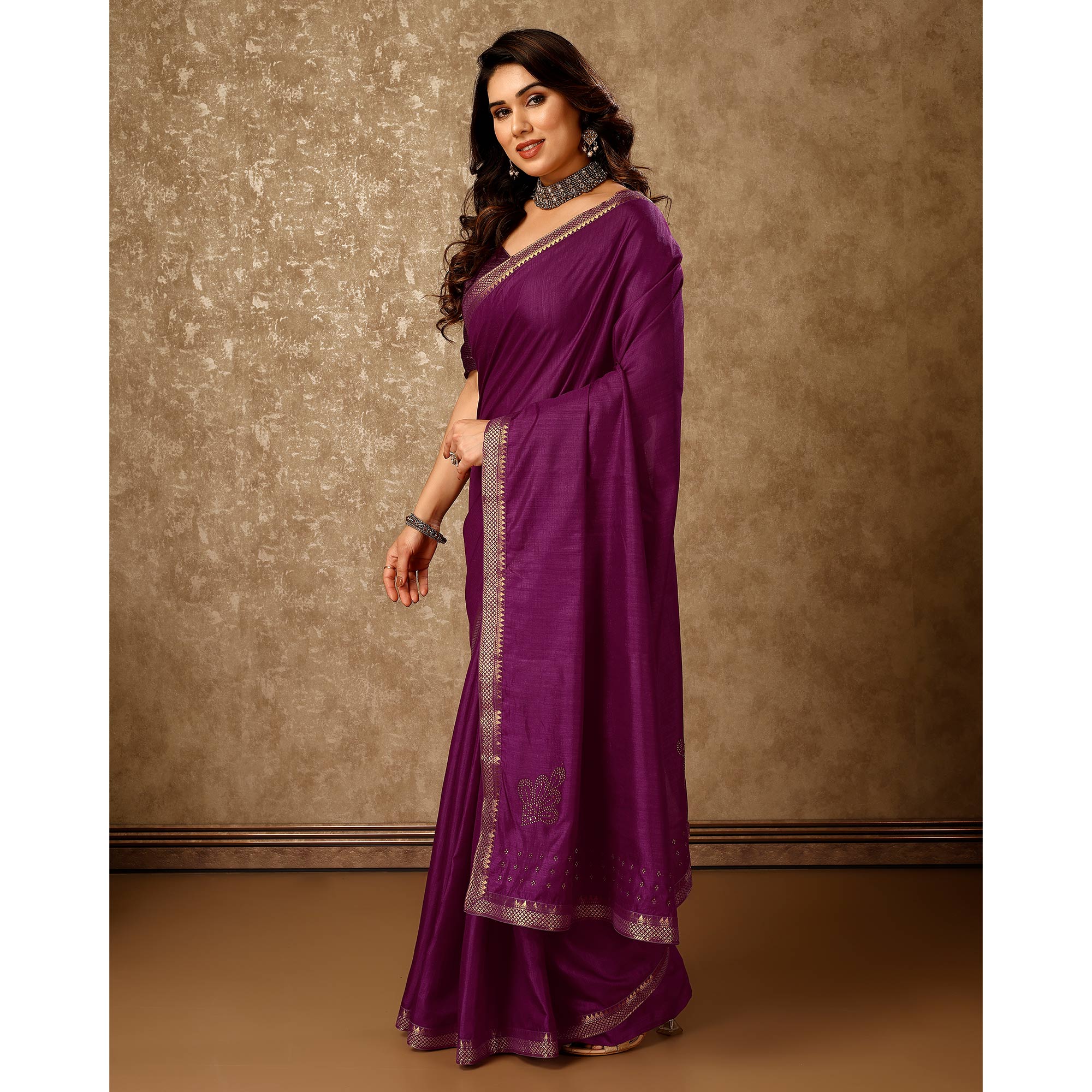 Purple Swarovski Work Vichitra Silk Saree With Lace Border