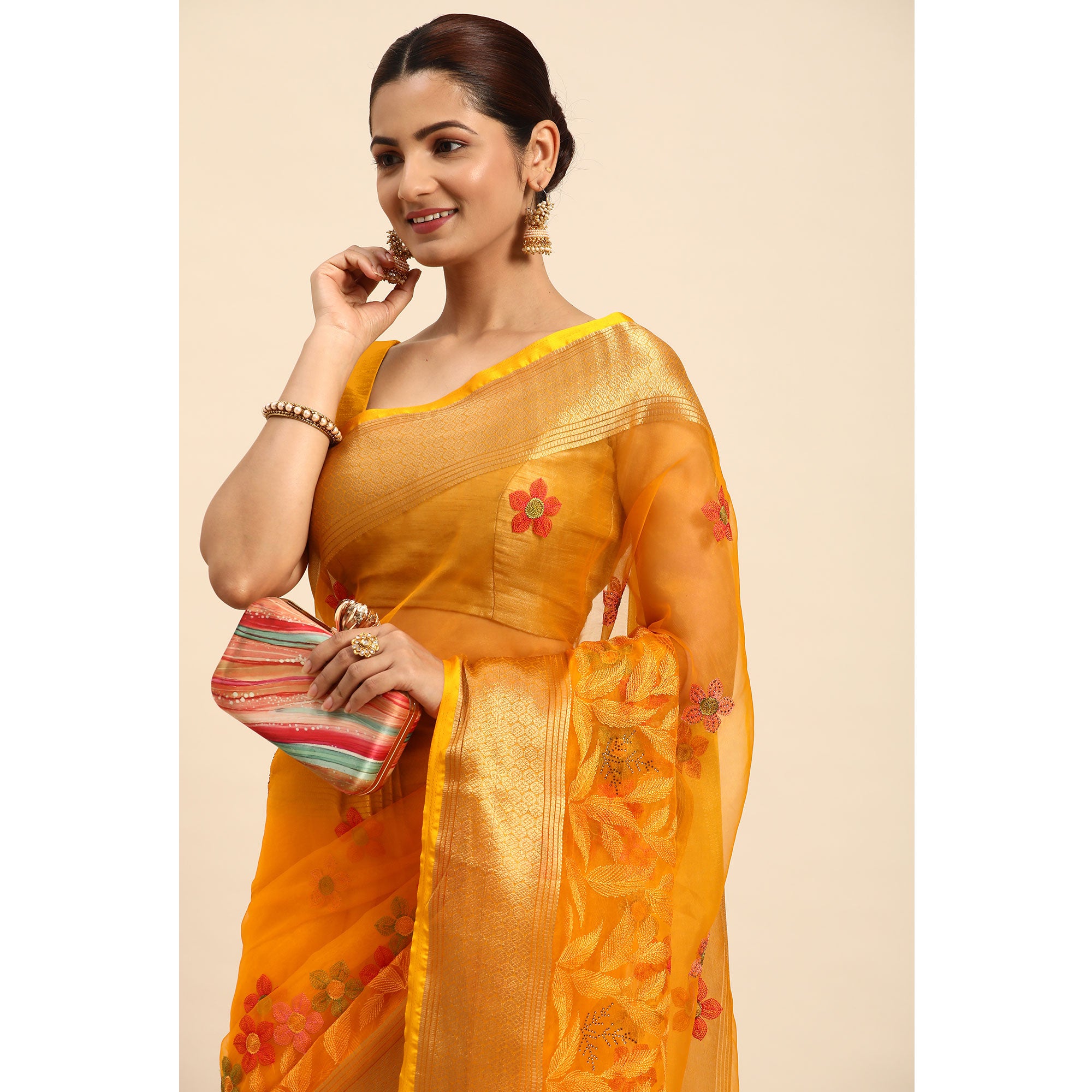 Yellow Floral Embroidered Organza Saree