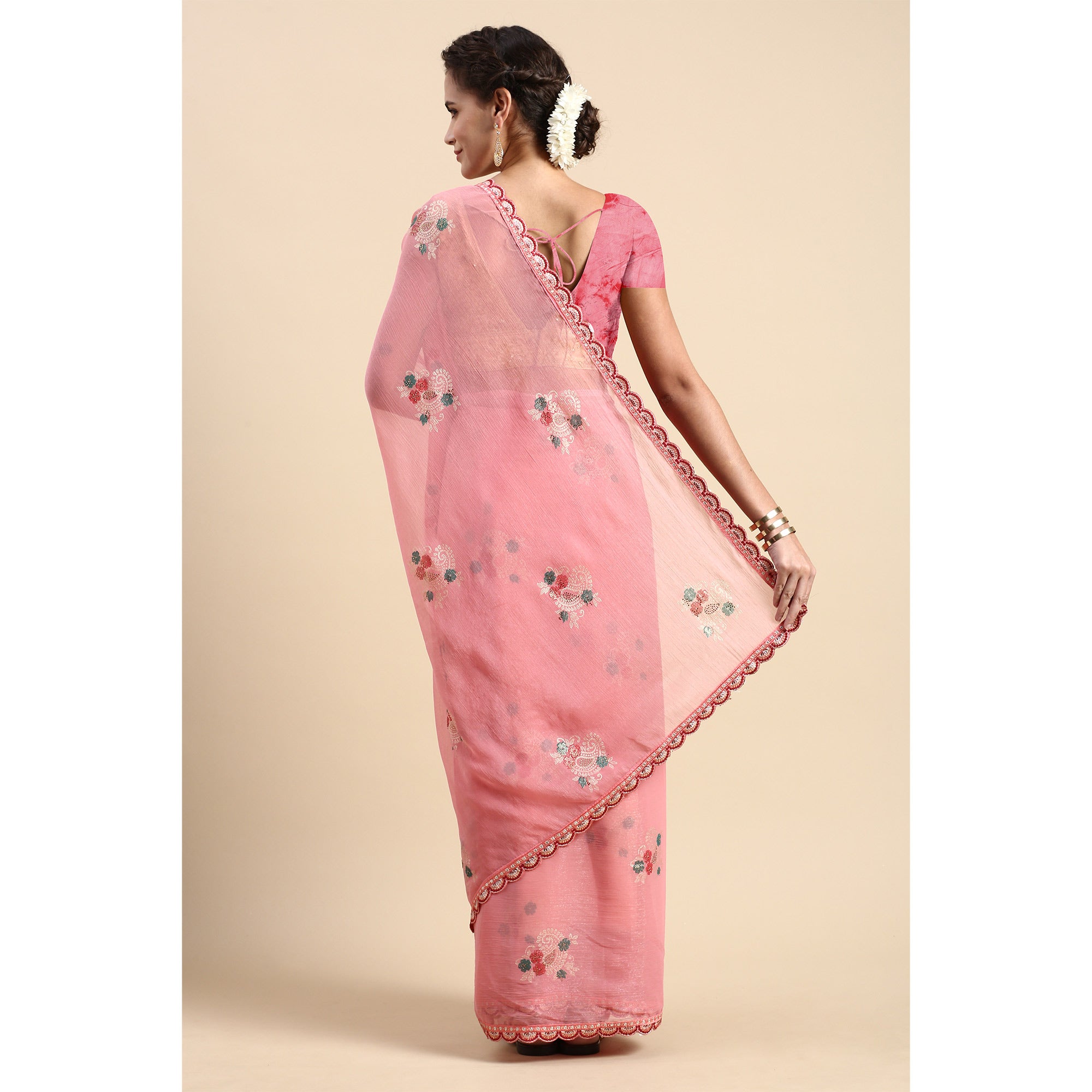 Pink Foil Printed With Swarovski Shimmer Chiffon Saree
