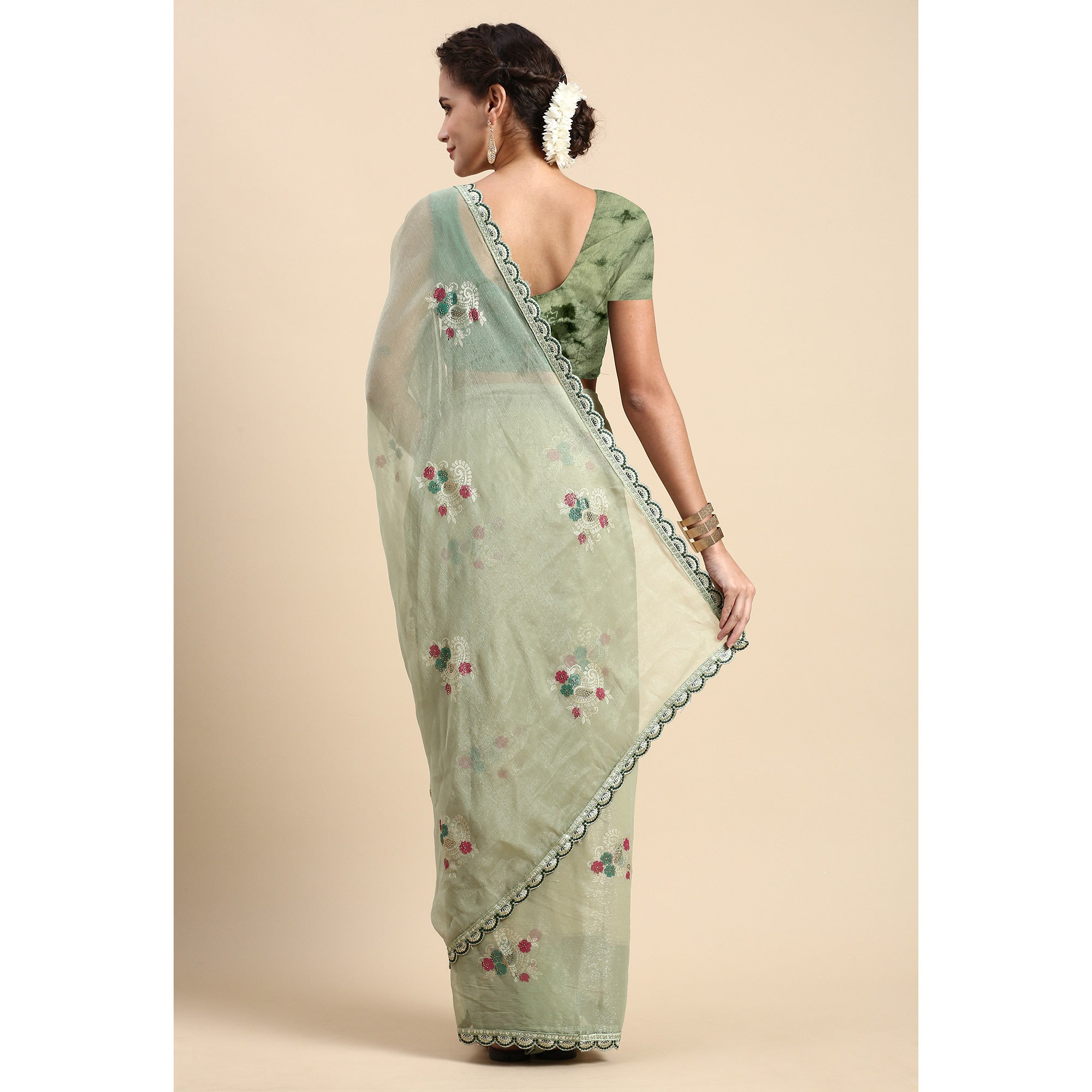 Green Foil Printed With Swarovski Shimmer Chiffon Saree