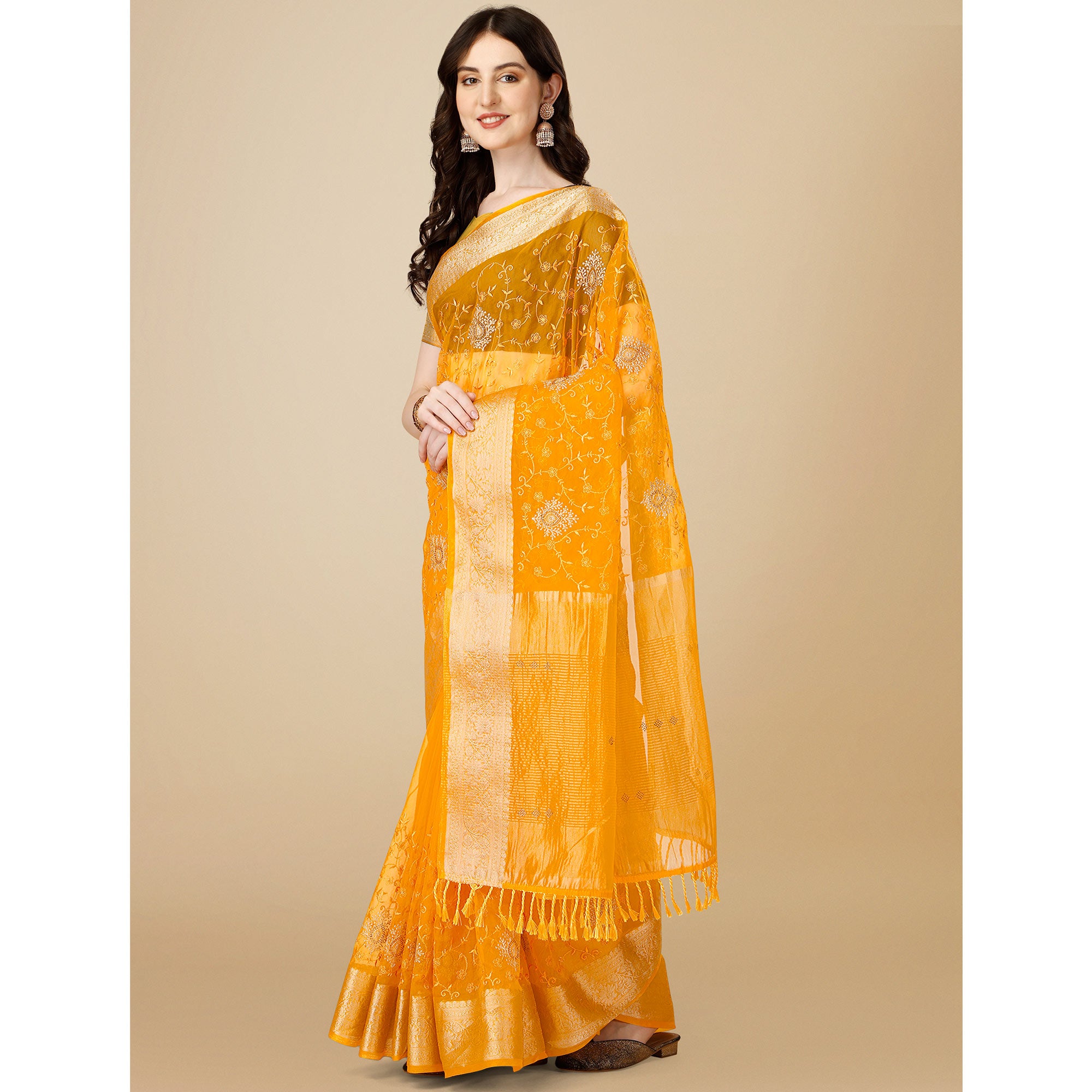Yellow Floral Embroidered Organza Saree