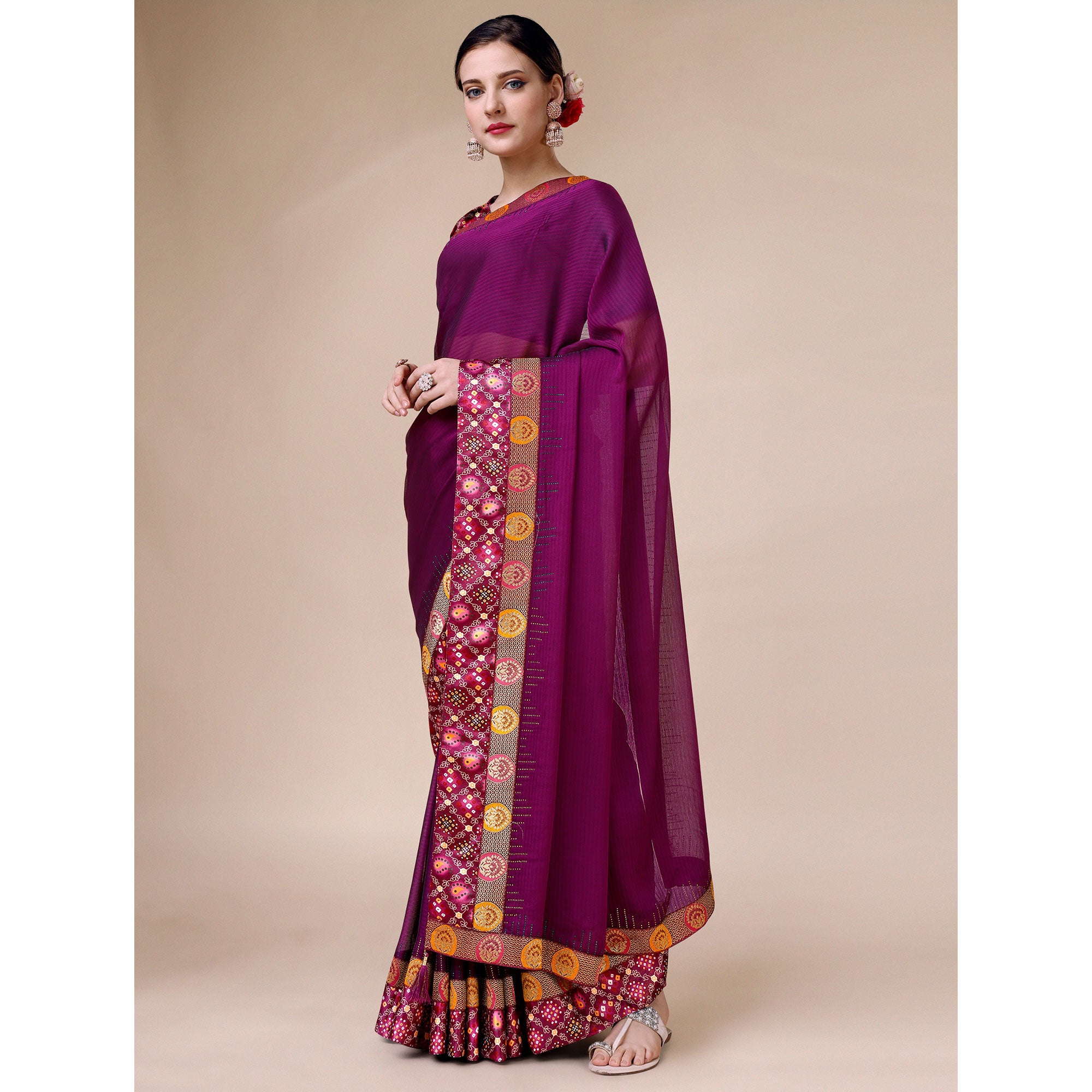 Purple Swarovski With Bandhani Printed Border Art Silk Saree
