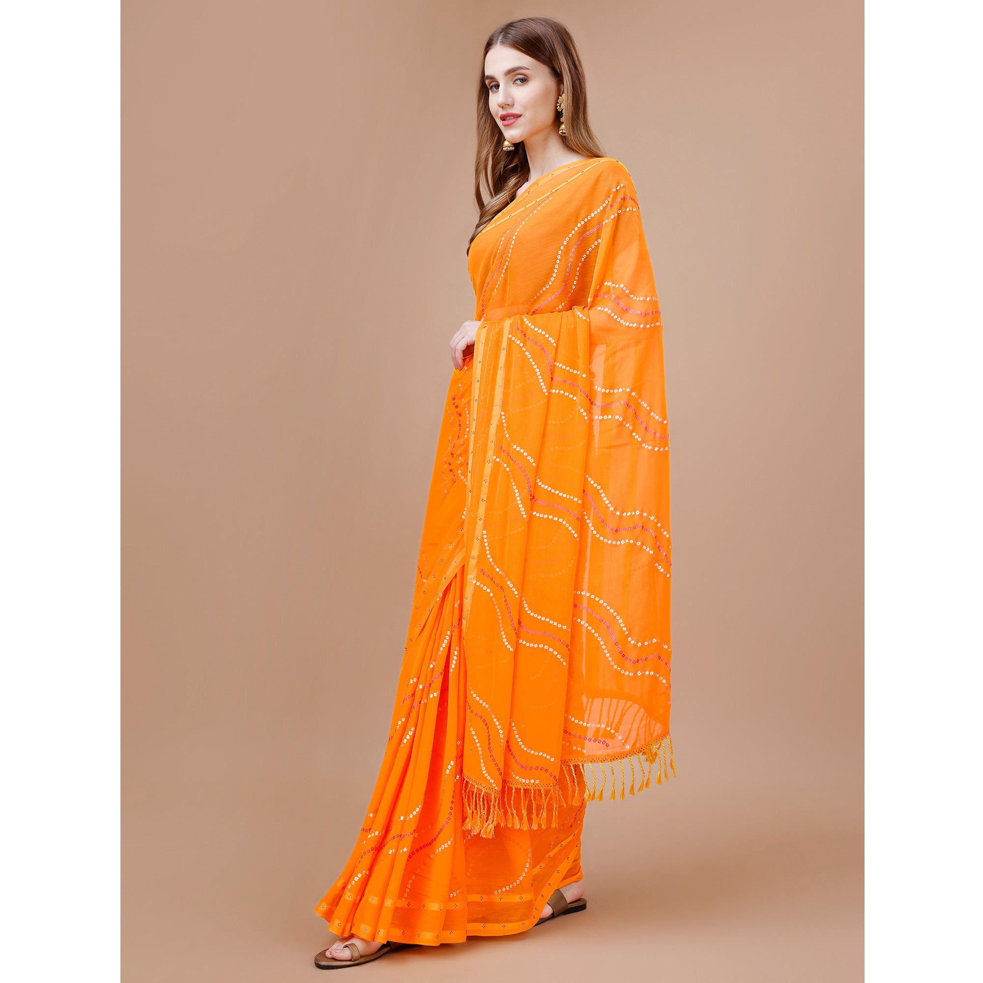 Orange Bandhani Printed Chiffon Saree With Tassels