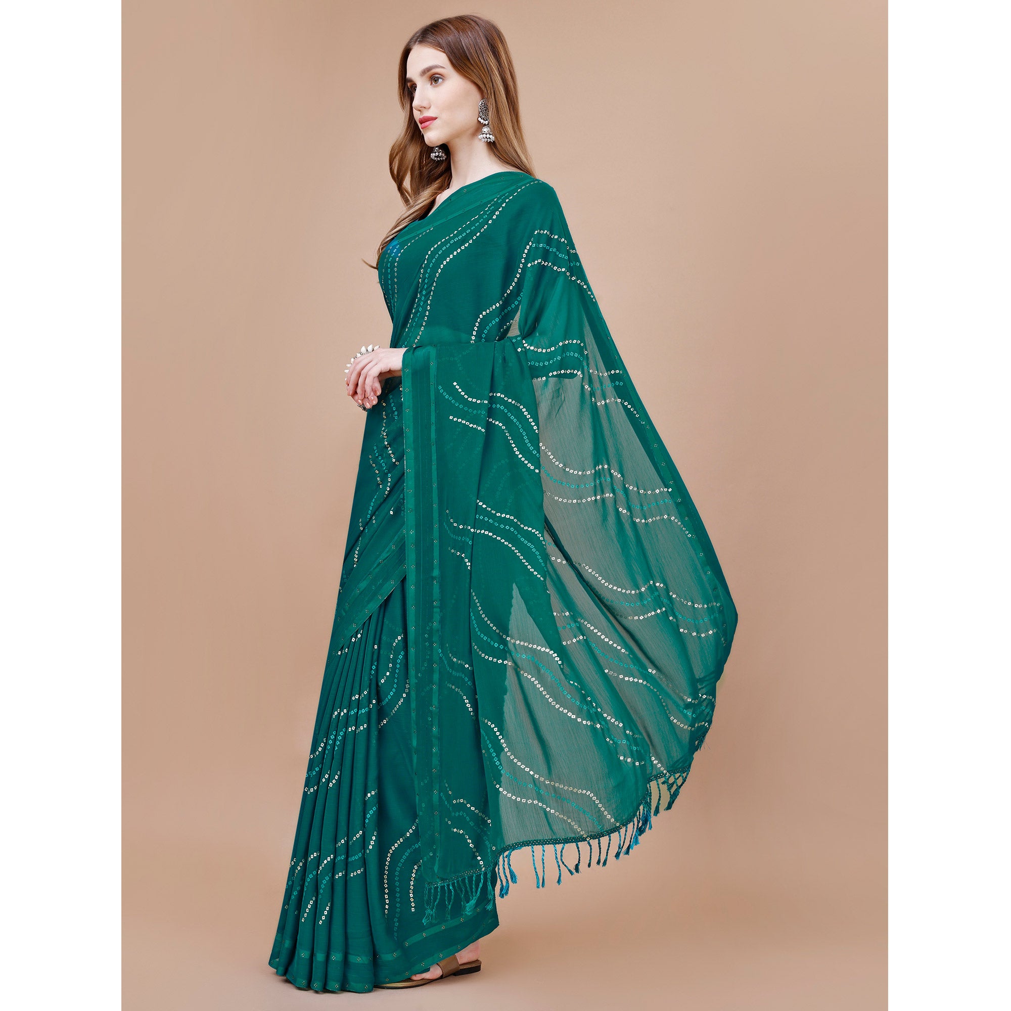Teal Blue Bandhani Printed Chiffon Saree With Tassels