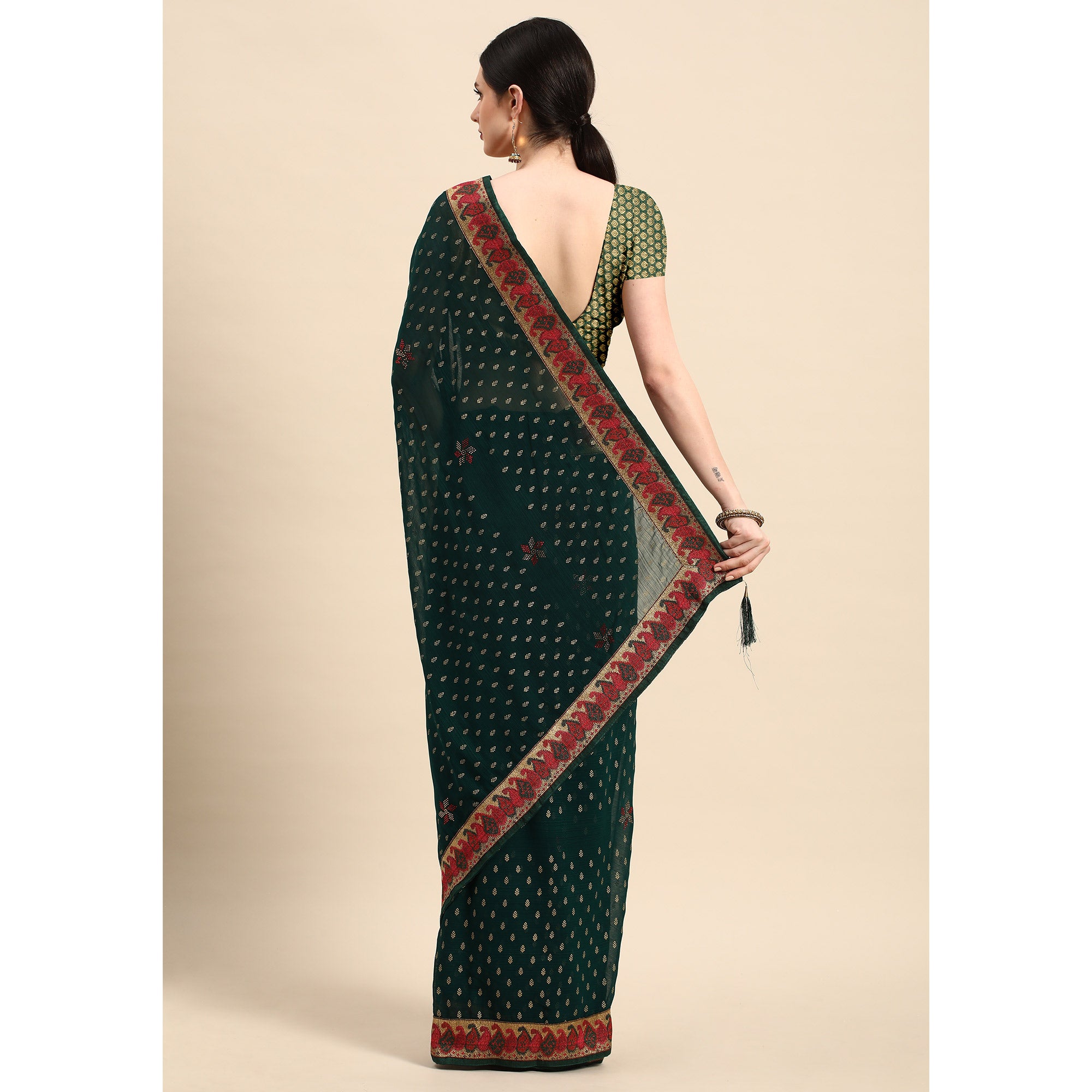 Green Foil Printed With Swarovski Zomato Silk Saree