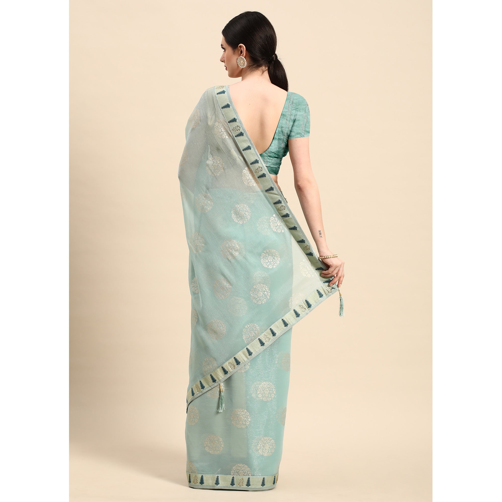 Blue Foil Printed With Swarovski Chiffon Saree