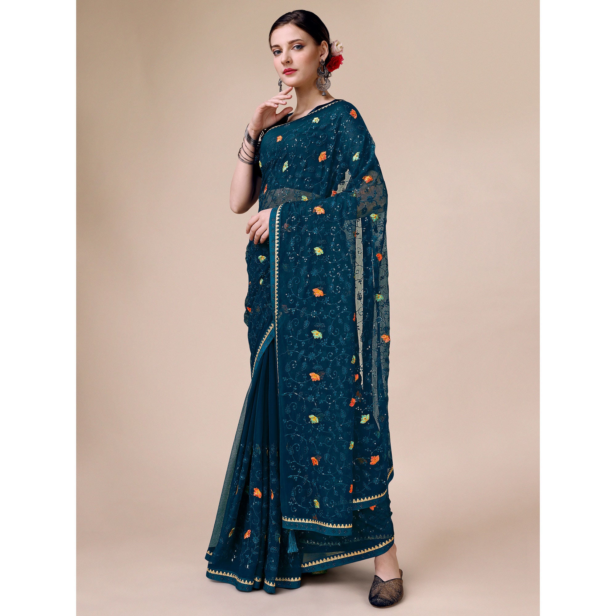 Teal Blue Floral Embroidered Chiffon Saree
