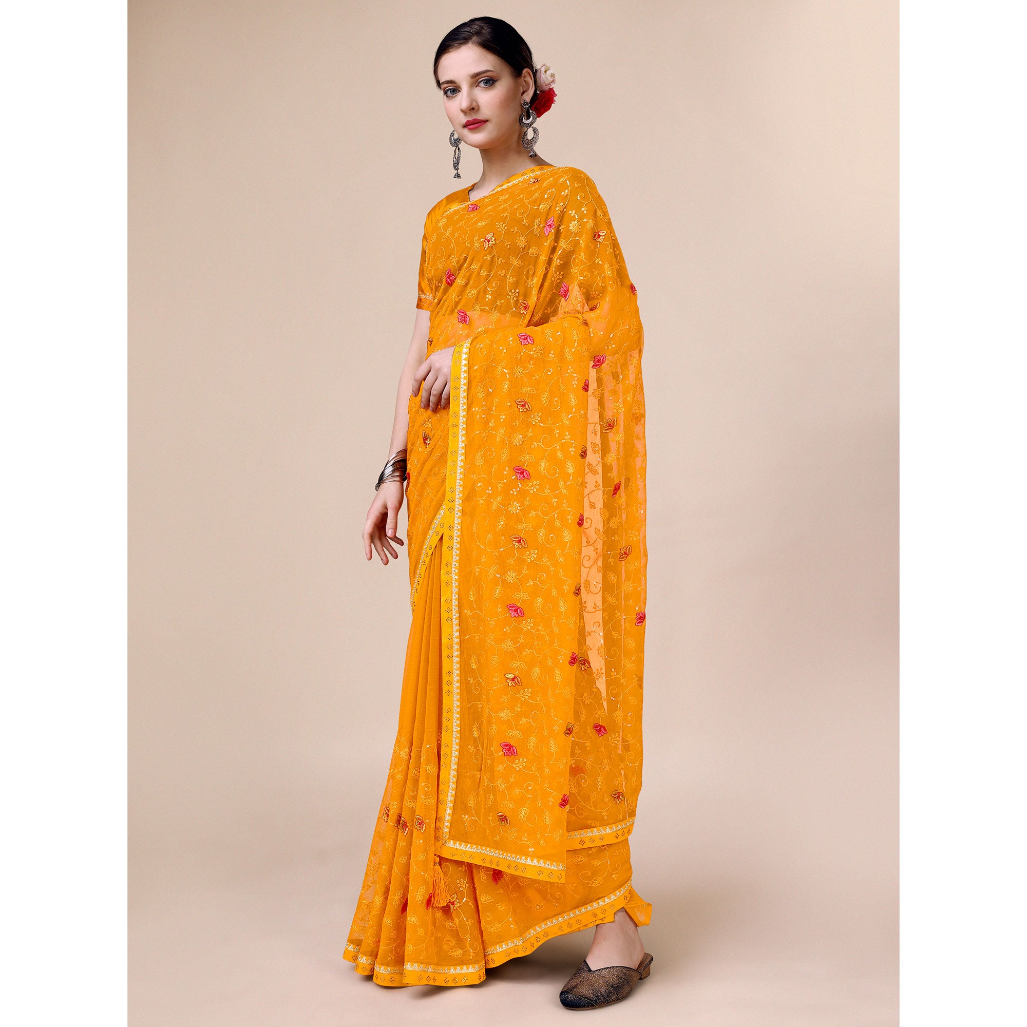 Mustard Floral Embroidered Chiffon Saree