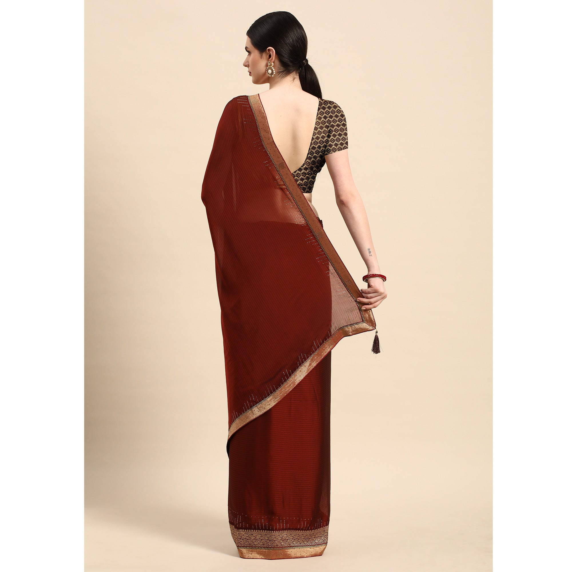 Rust Swarovski With Fancy Border Satin Silk Saree