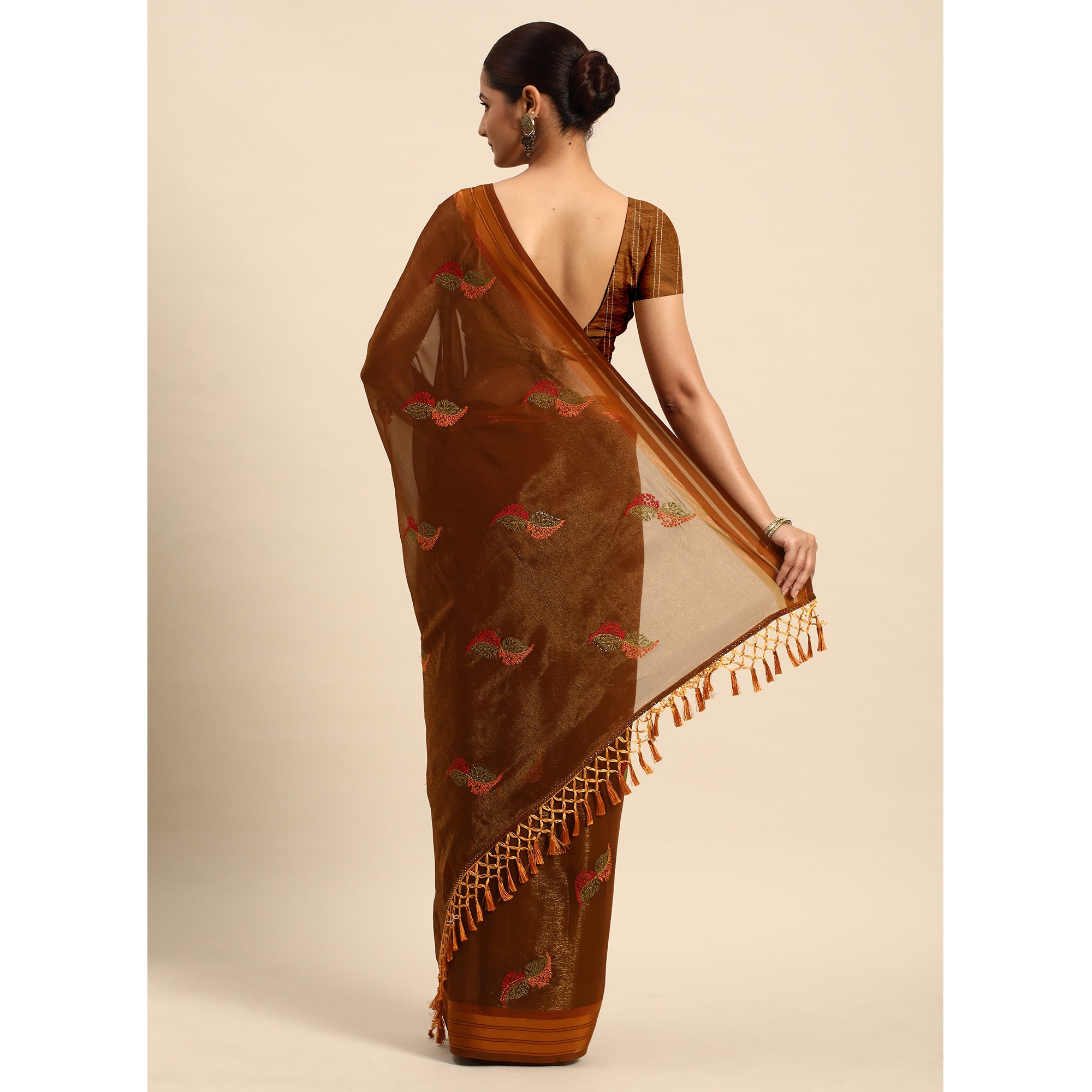 Brown Swarovski With Embroidery Work Chiffon Saree
