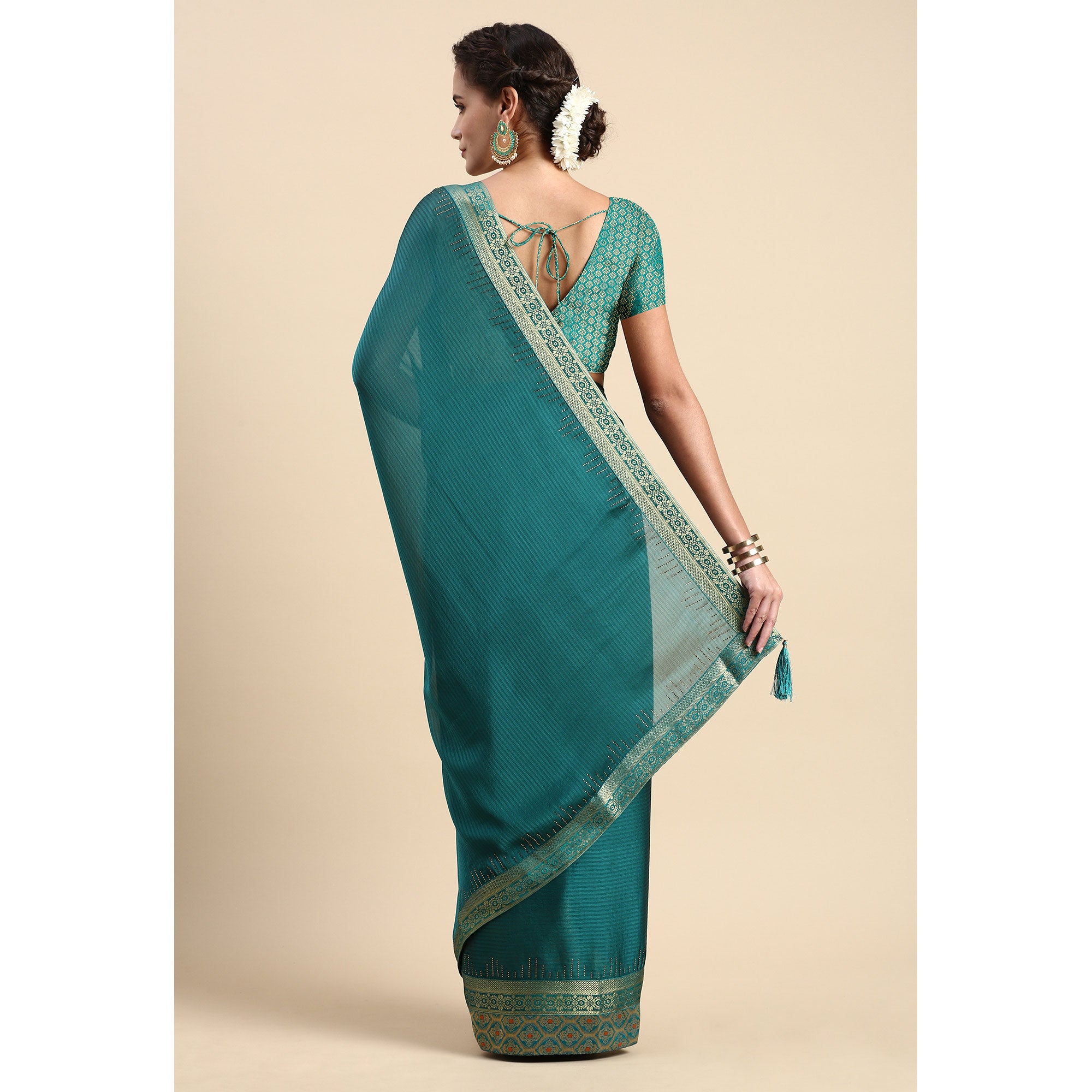 Turquoise Blue Swaroski Work With Woven Border Satin Saree