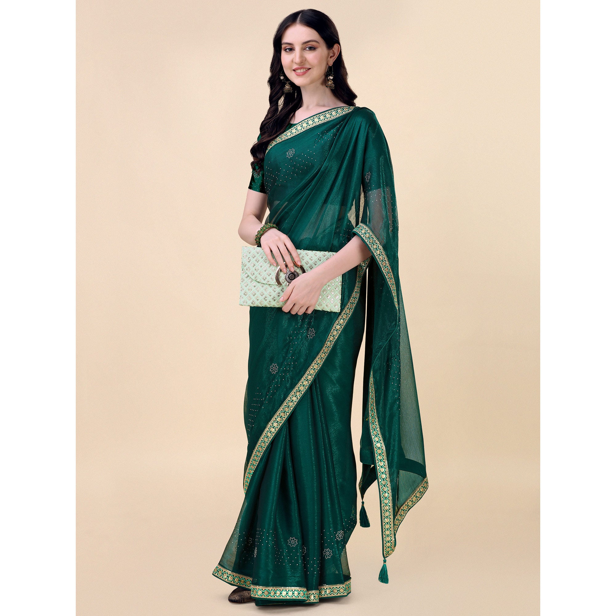 Green Swarovski With Sequins Embroidered Chiffon Saree