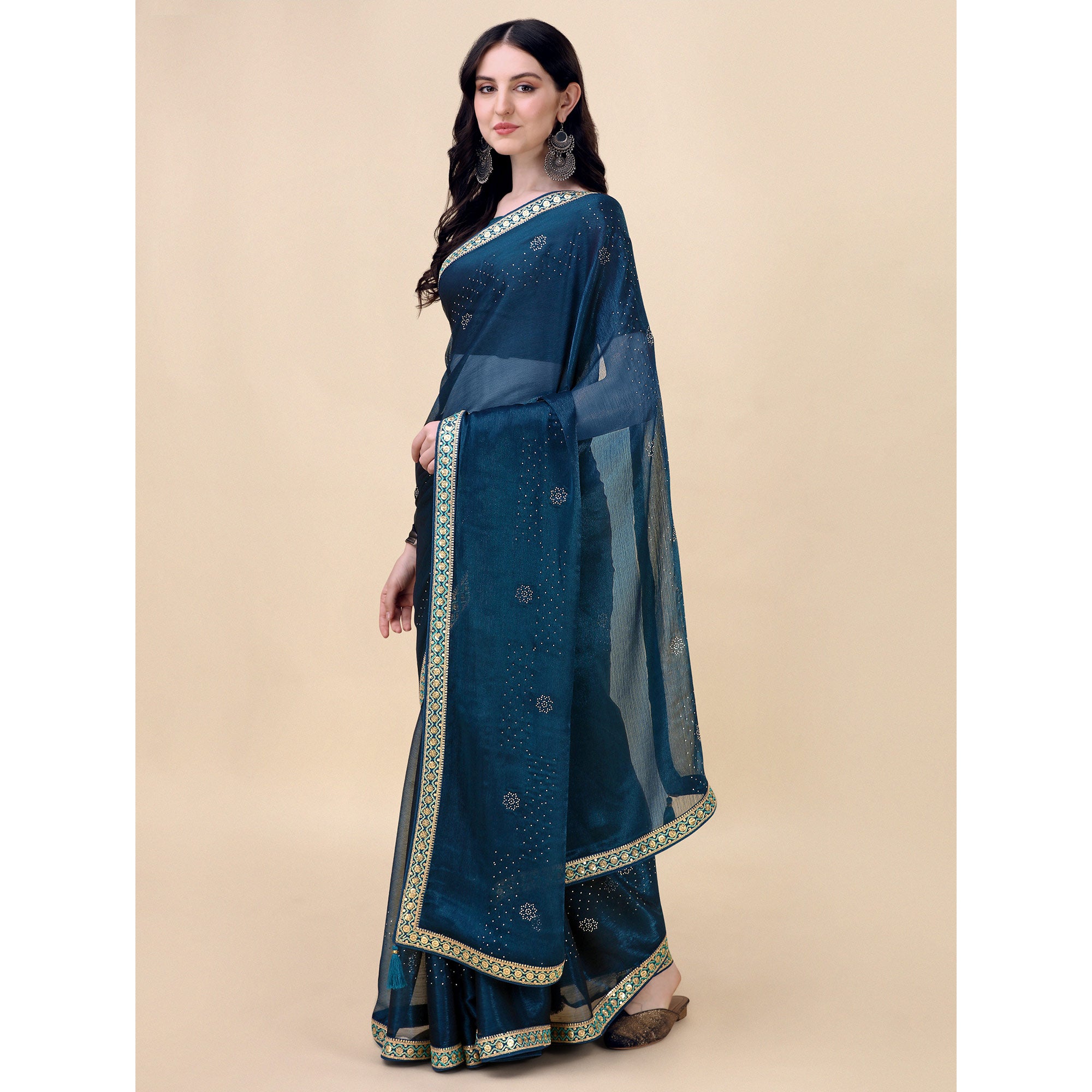 Teal Blue Swarovski With Sequins Embroidered Chiffon Saree