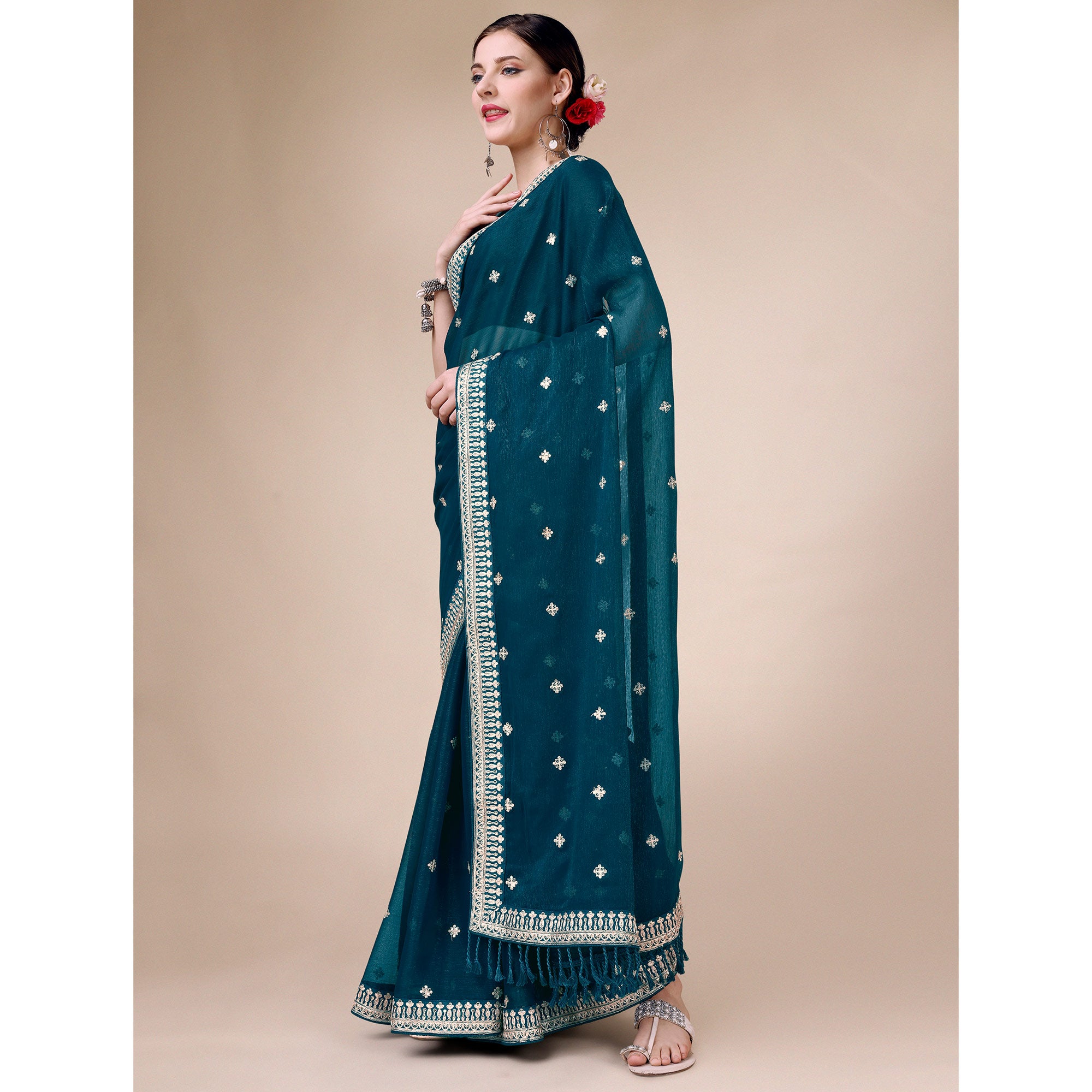 Teal Blue Sequins Embroidered Chiffon Saree