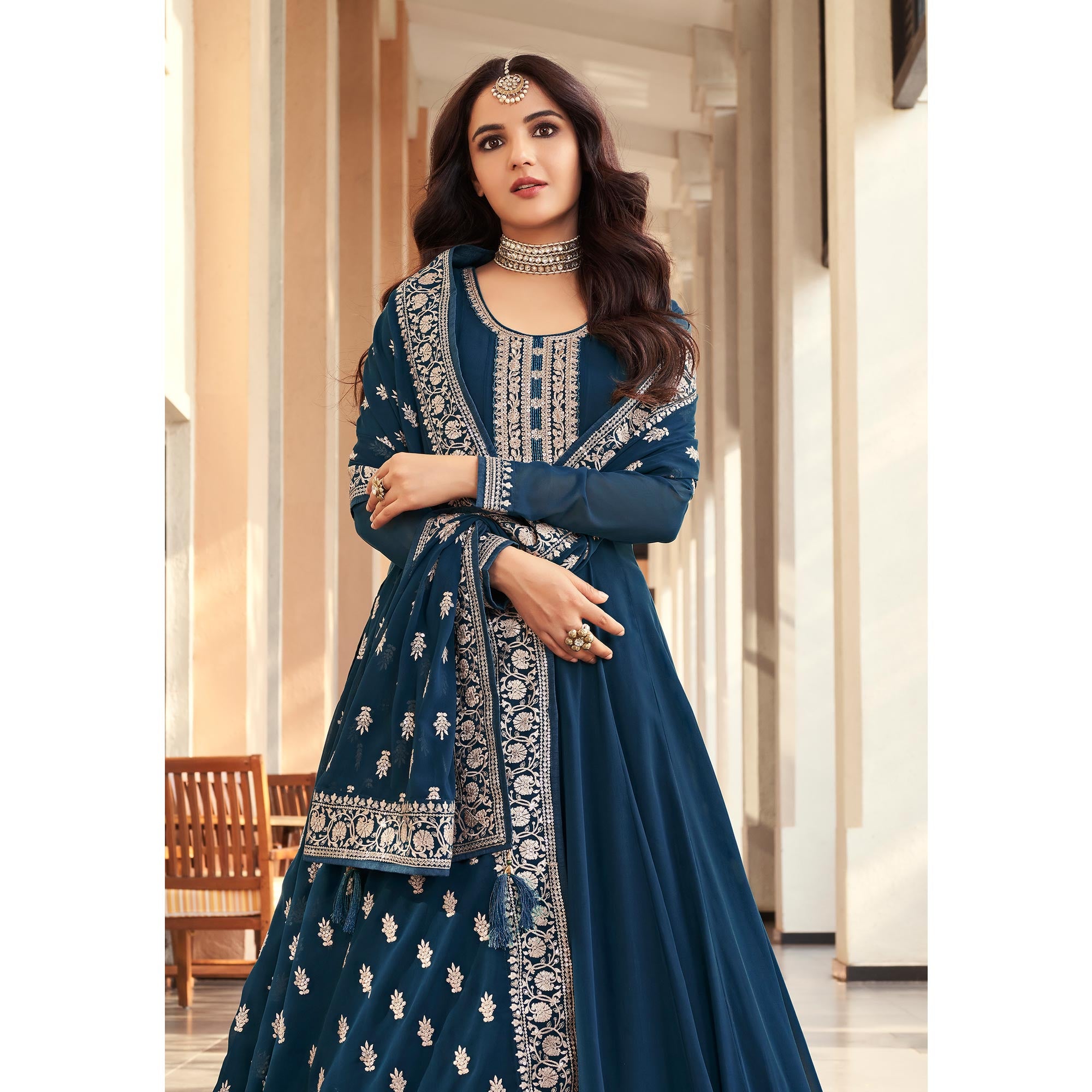 Blue Sequins Embroidered Georgette Semi Stitched Anarkali Suit