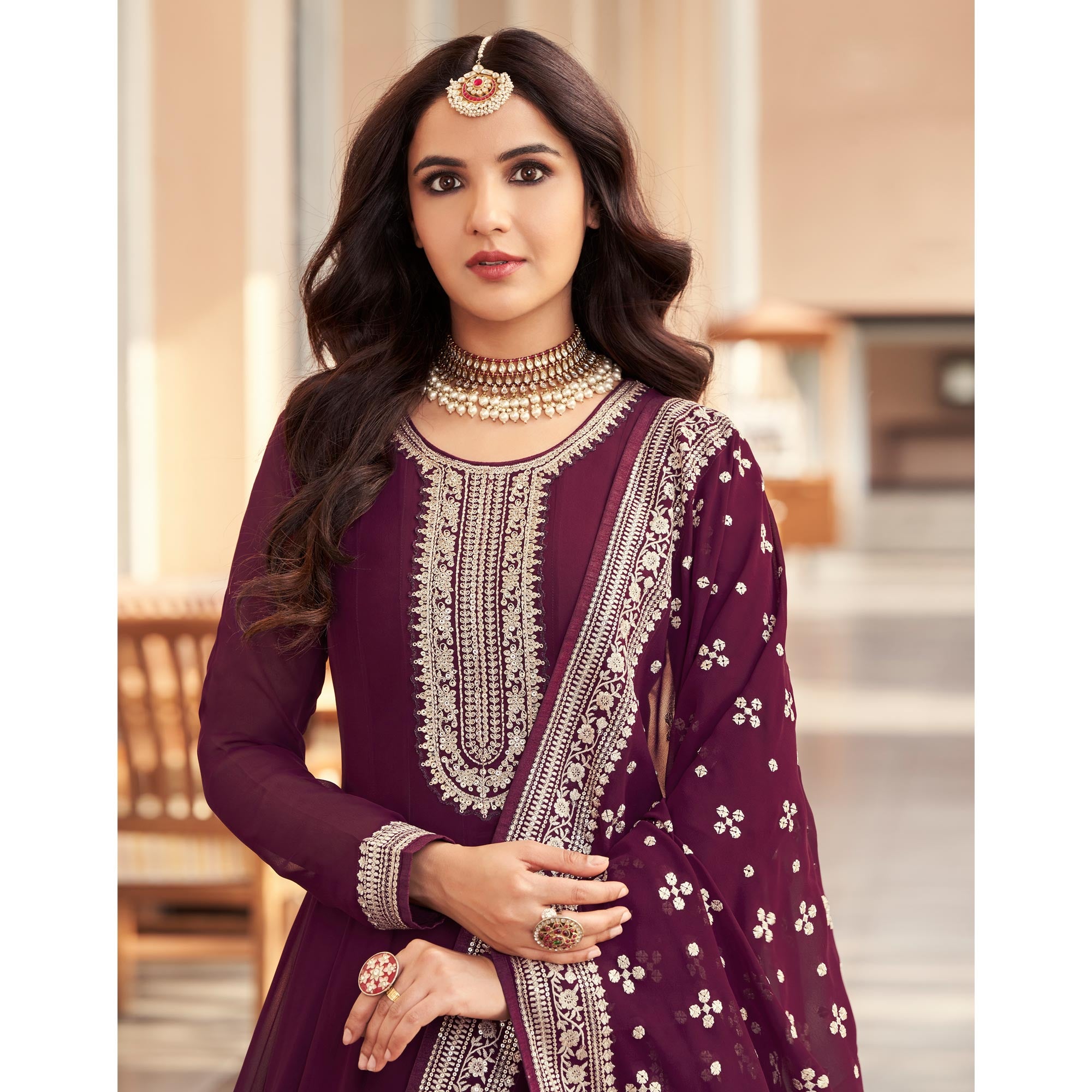 Wine Sequins Embroidered Georgette Semi Stitched Anarkali Suit