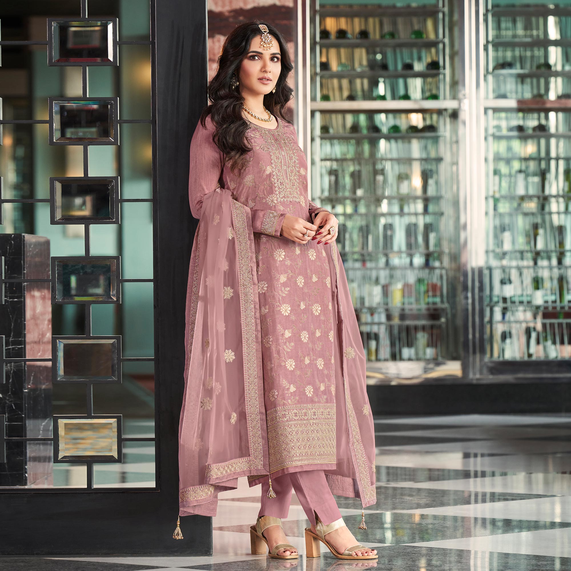Mauve Embroidered Viscose Semi Stitched Salwar Suit