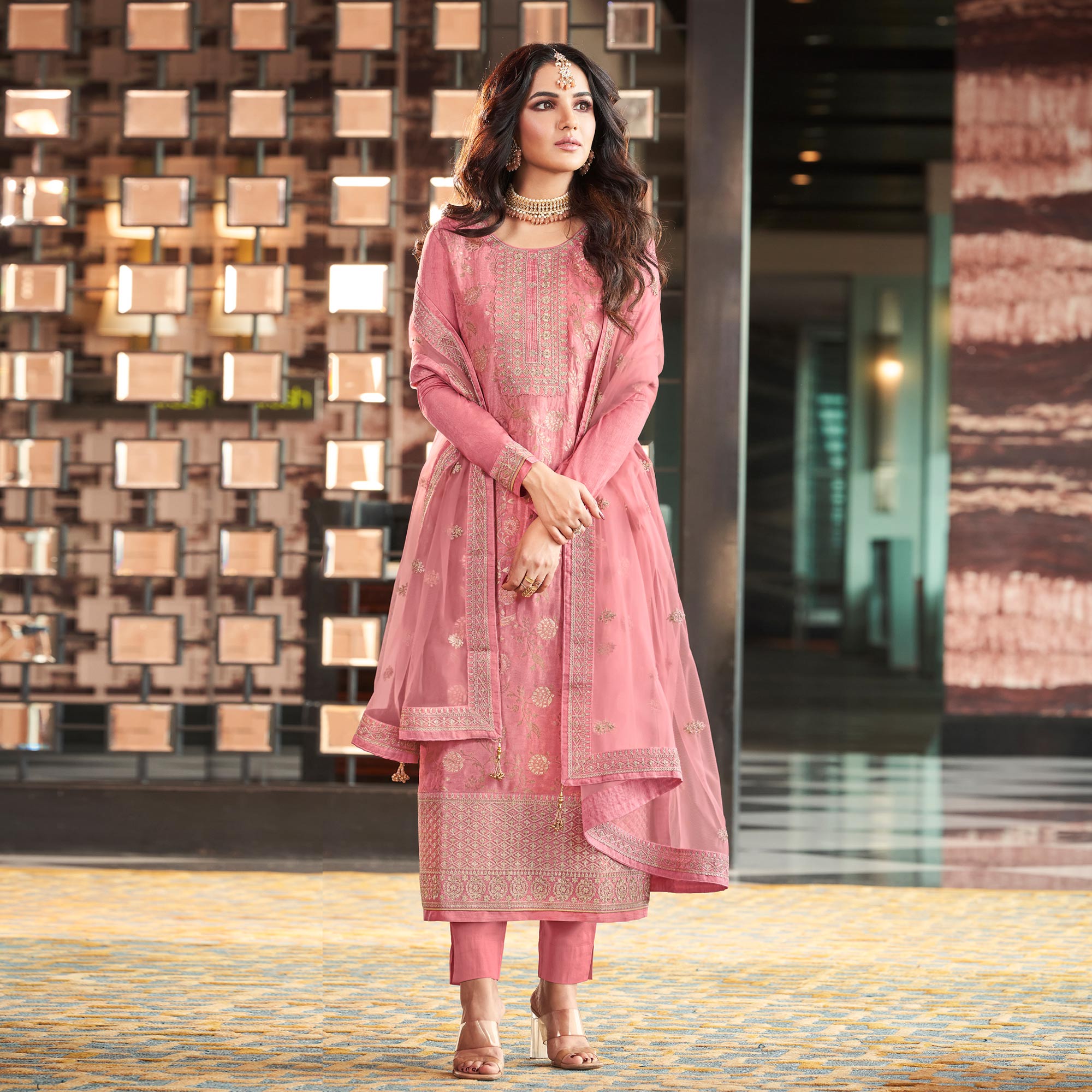 Pink Embroidered Viscose Semi Stitched Salwar Suit