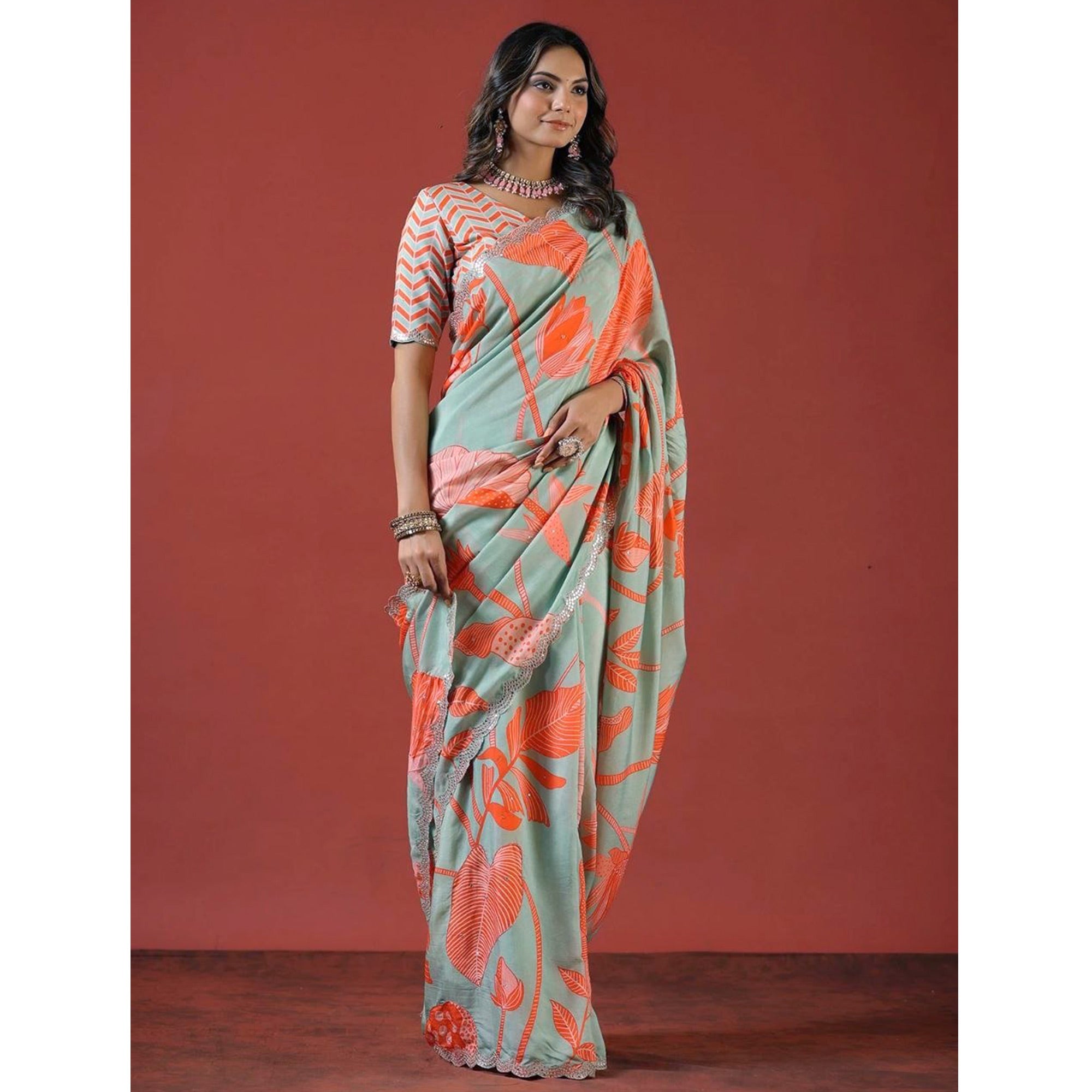 Turquoise & Orange Sequin Embroidered Vichitra Silk Saree