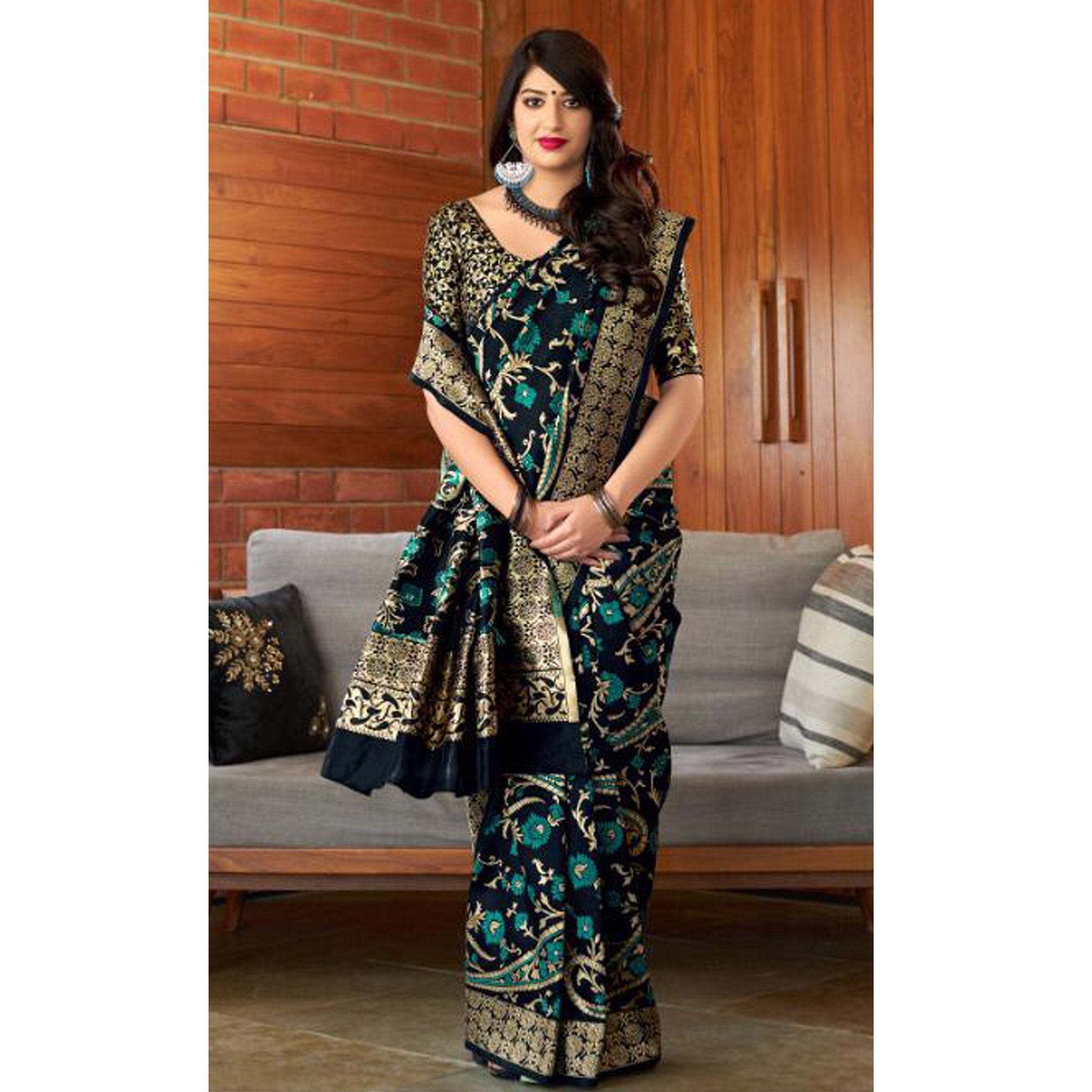 Navy Blue Woven Banarasi Silk Saree