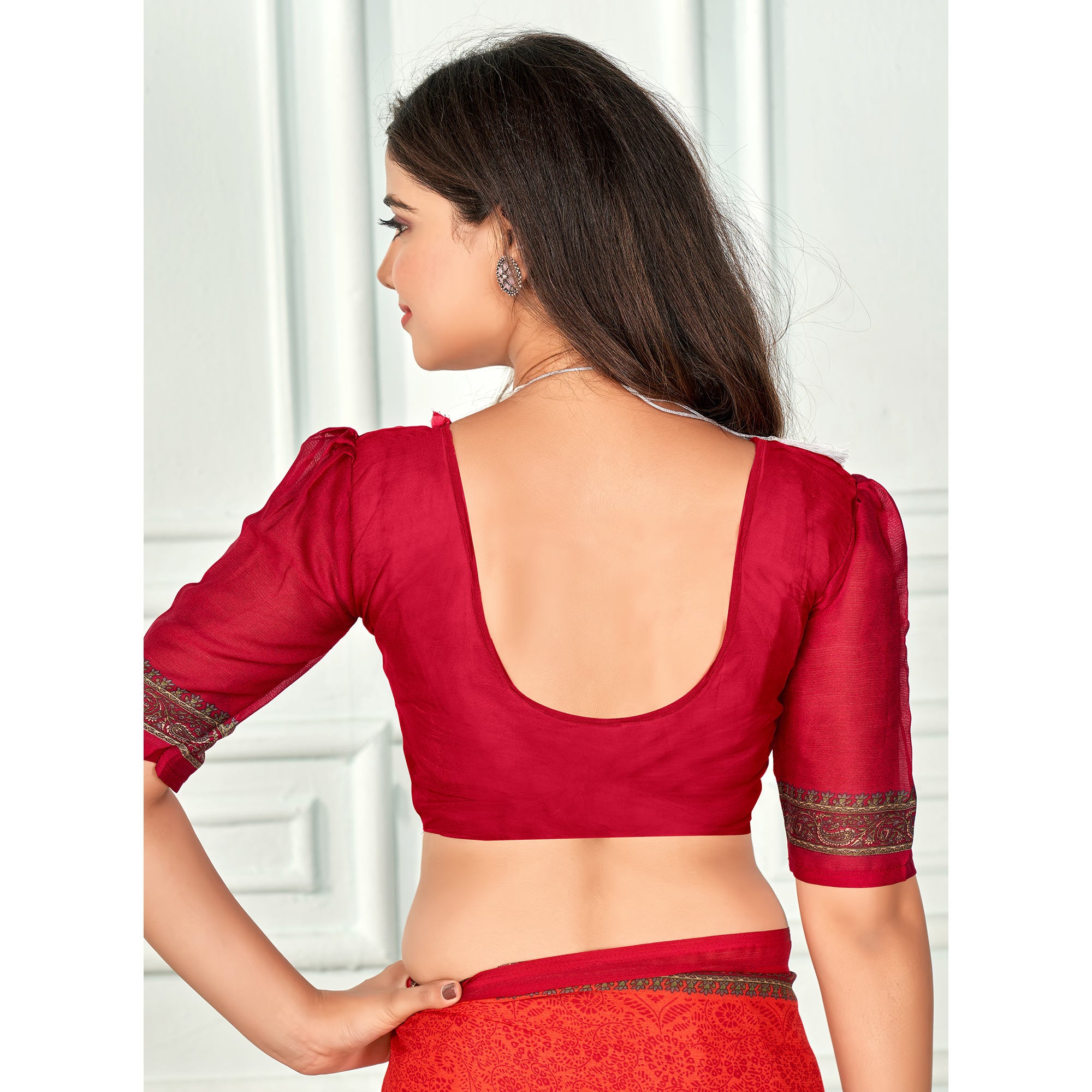 Red Floral Printed Chiffon Saree