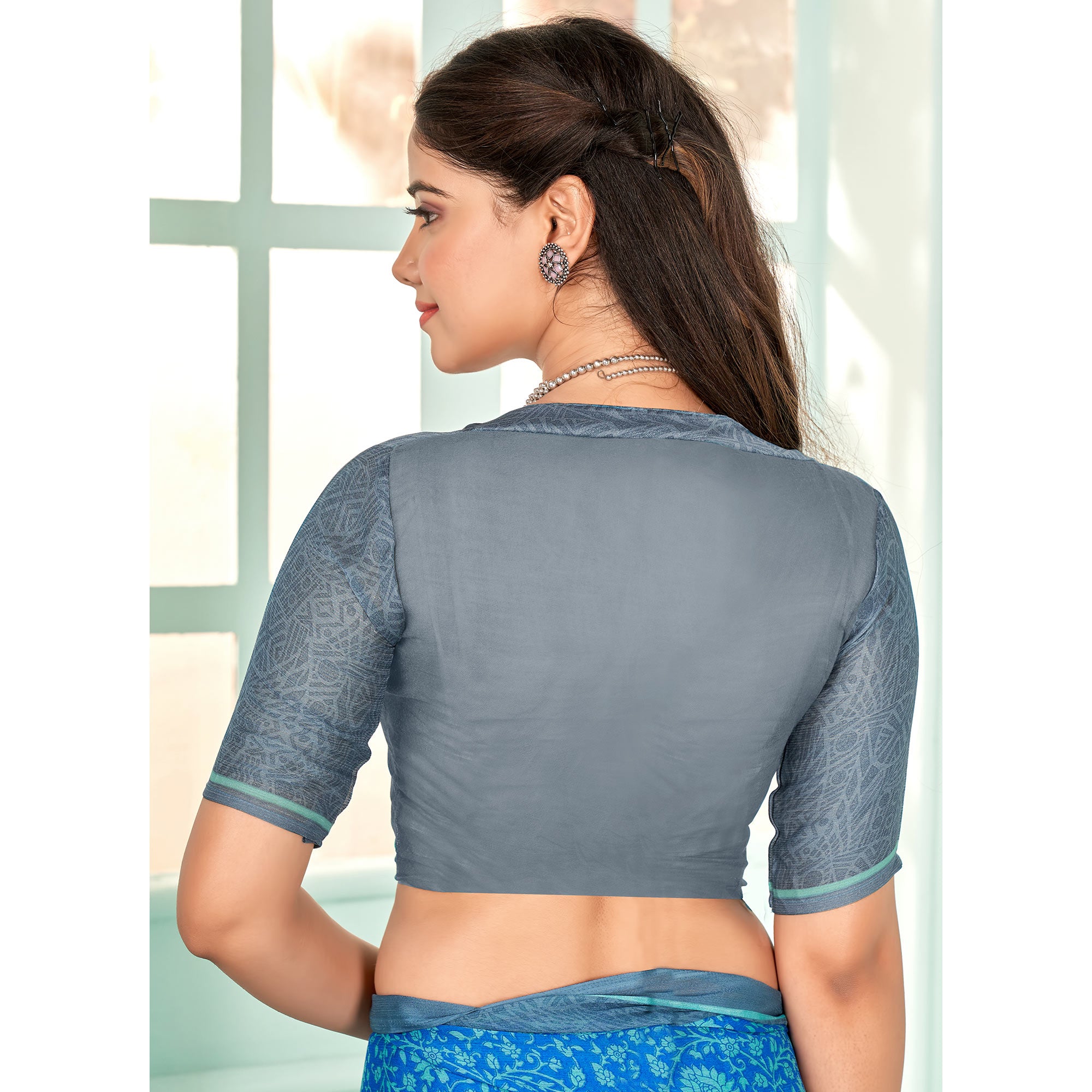 Blue Floral Printed Chiffon Saree