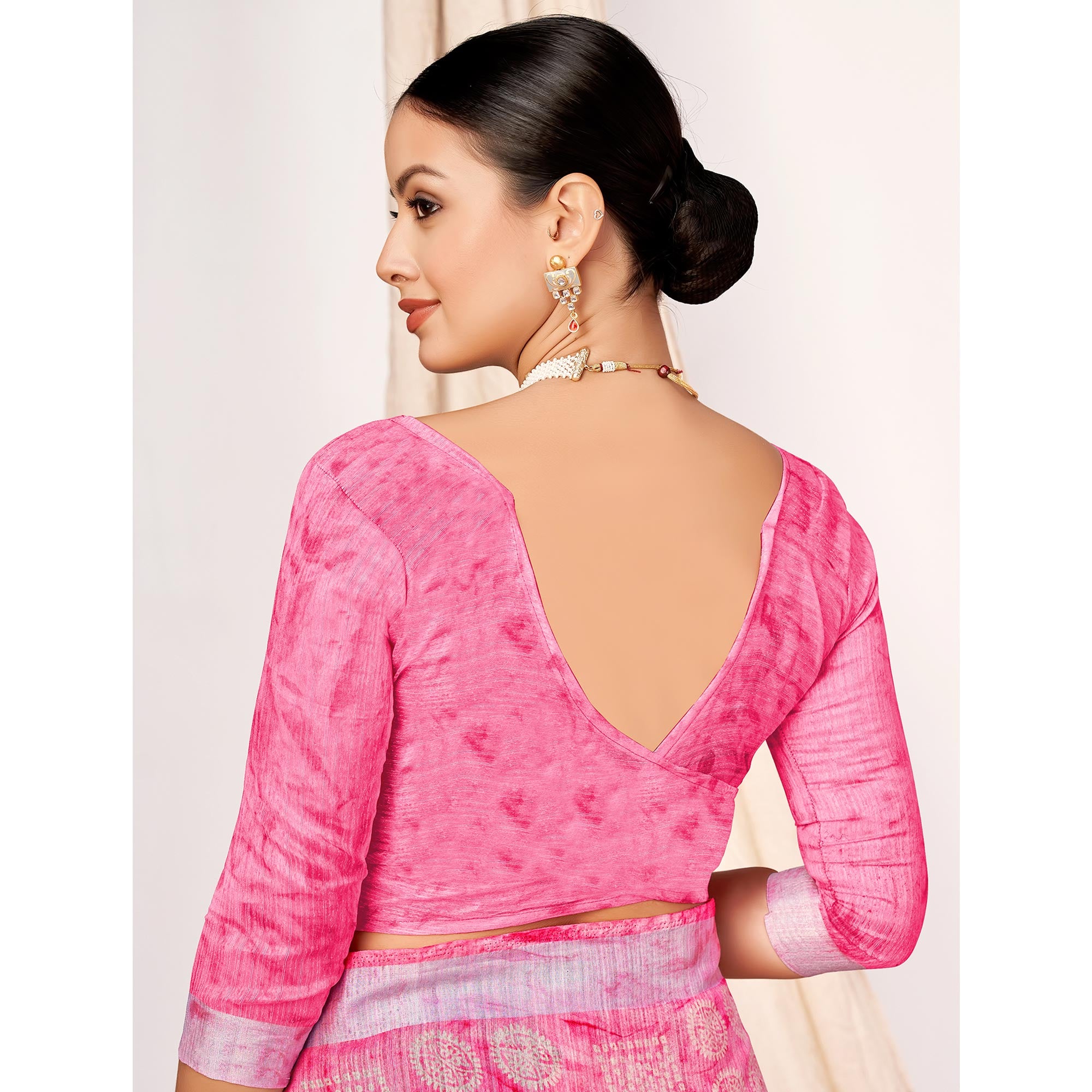 Pink Printed Cotton Silk Saree With Woven Border