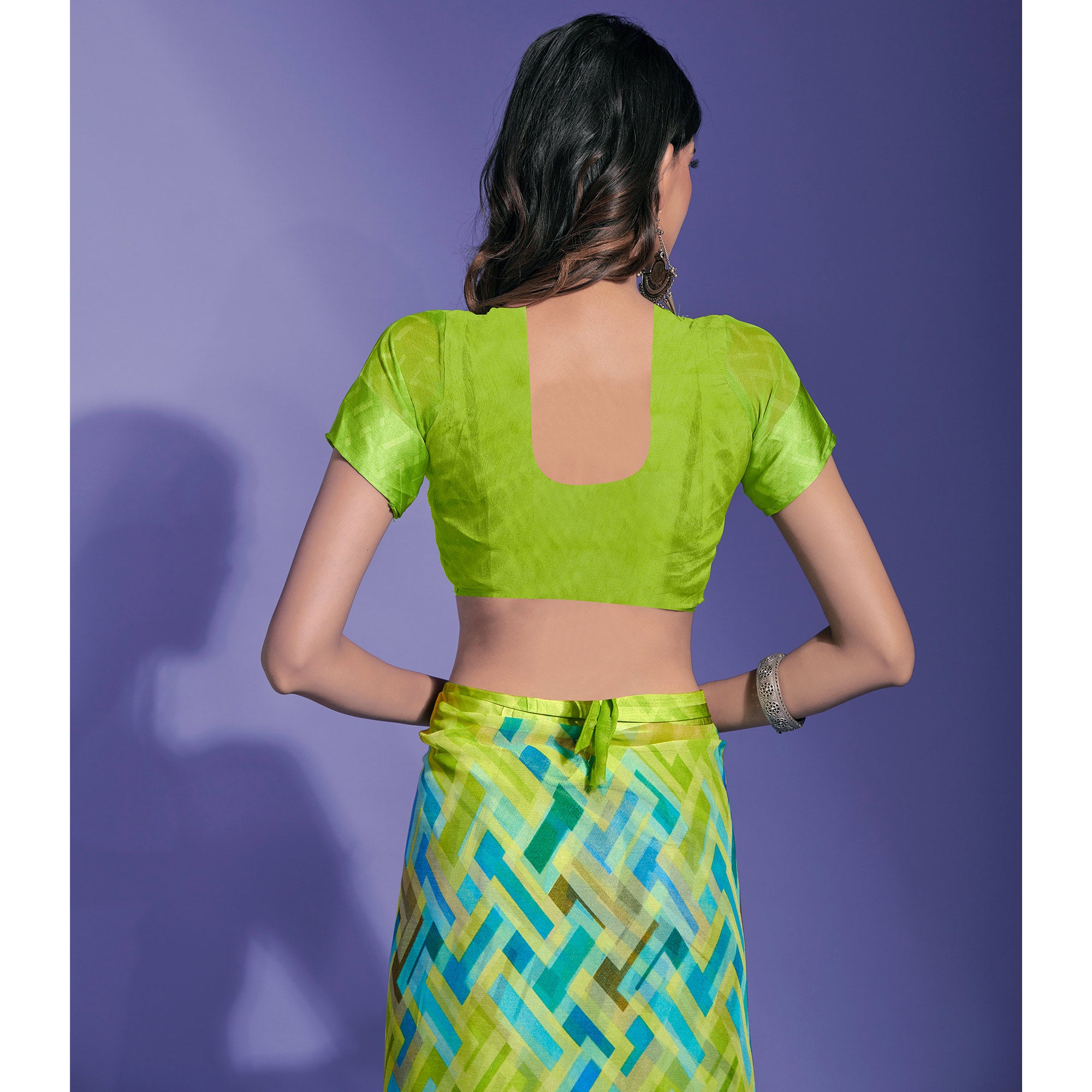 Green Geometric Printed Chiffon Saree