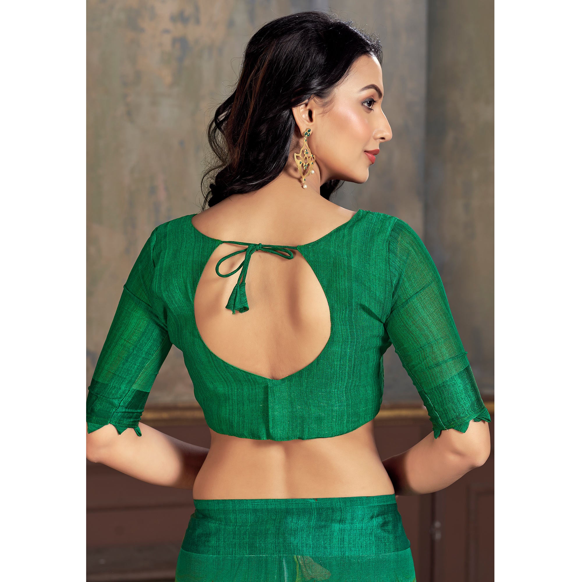 Green Printed Chiffon Saree With Woven Border