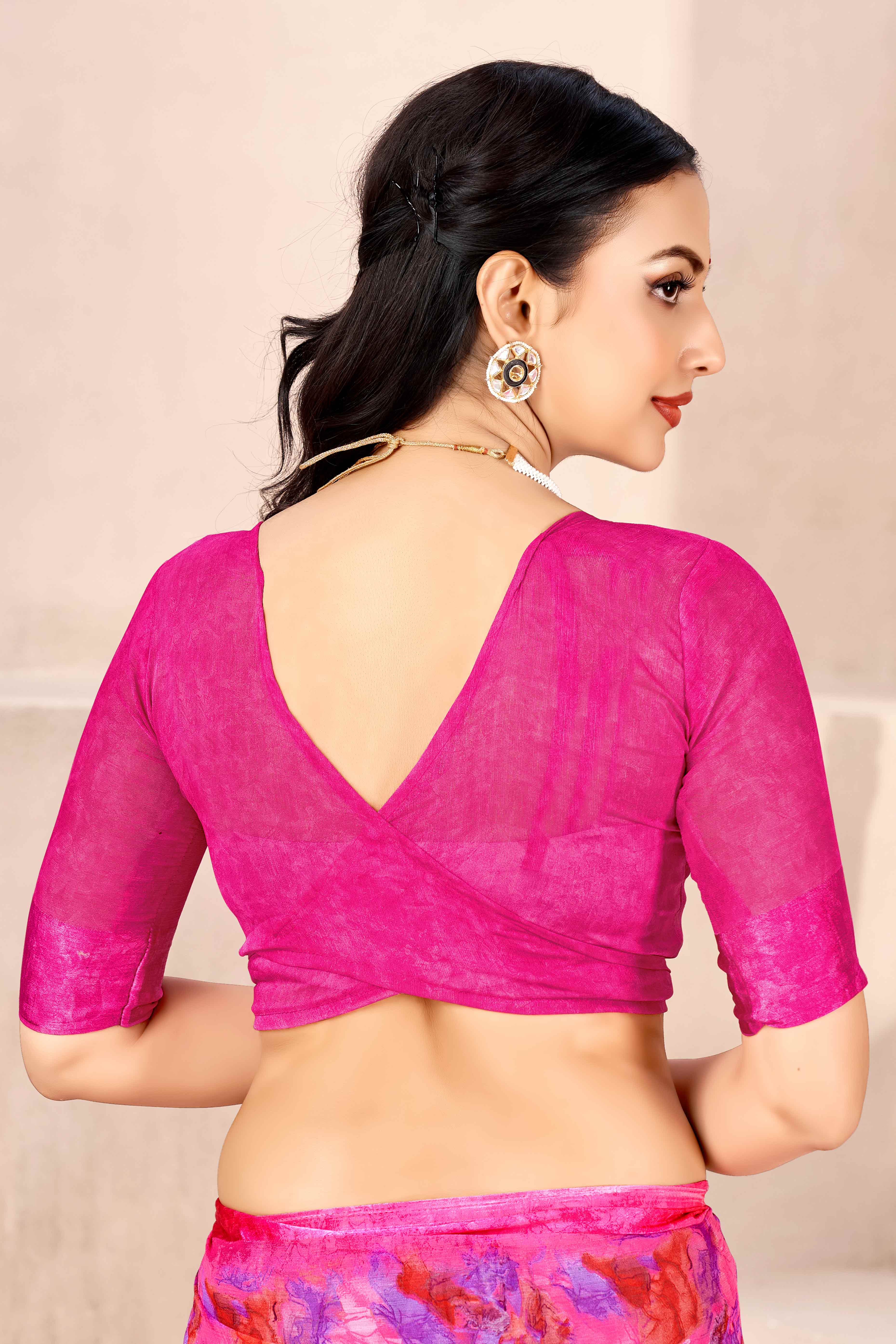 Rani Pink Chiffon Saree With Delicate Floral Prints & Elegant Woven Border